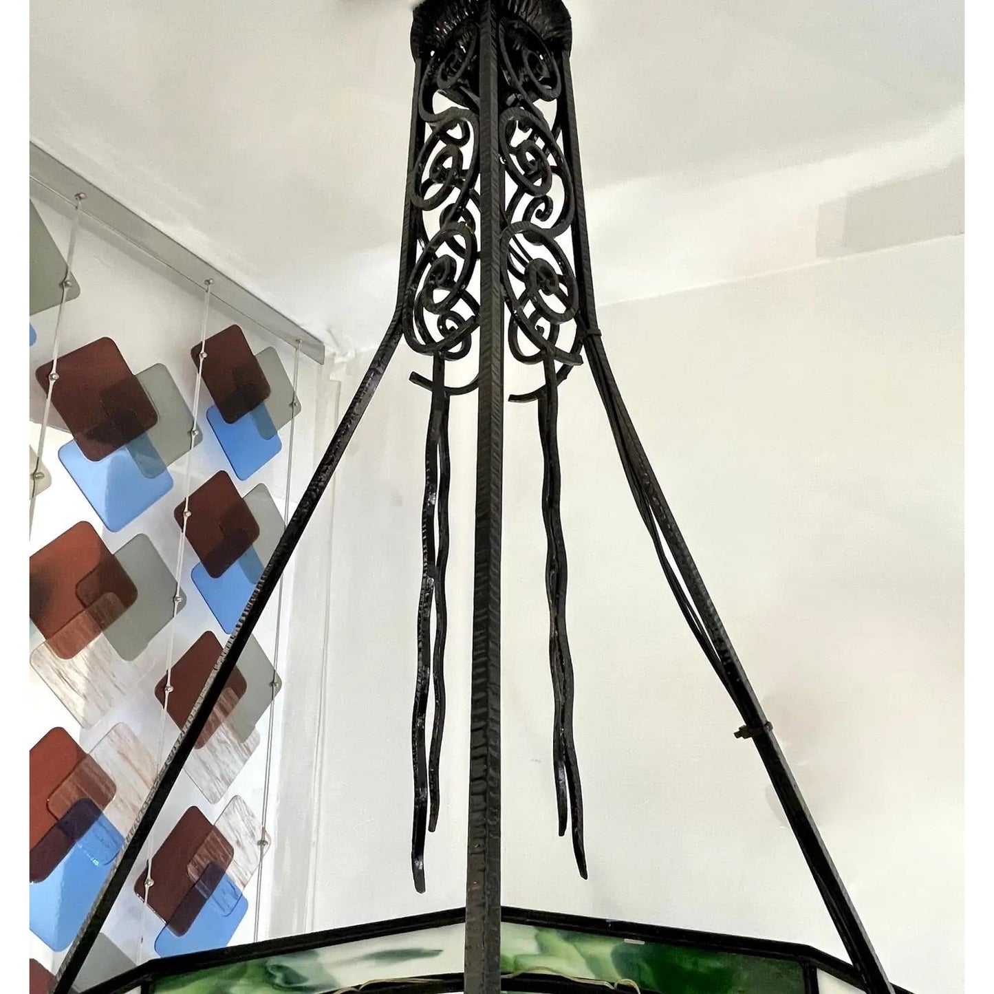 1930s Italian Art Deco White Green Murano Glass Black Iron Chandelier Lantern