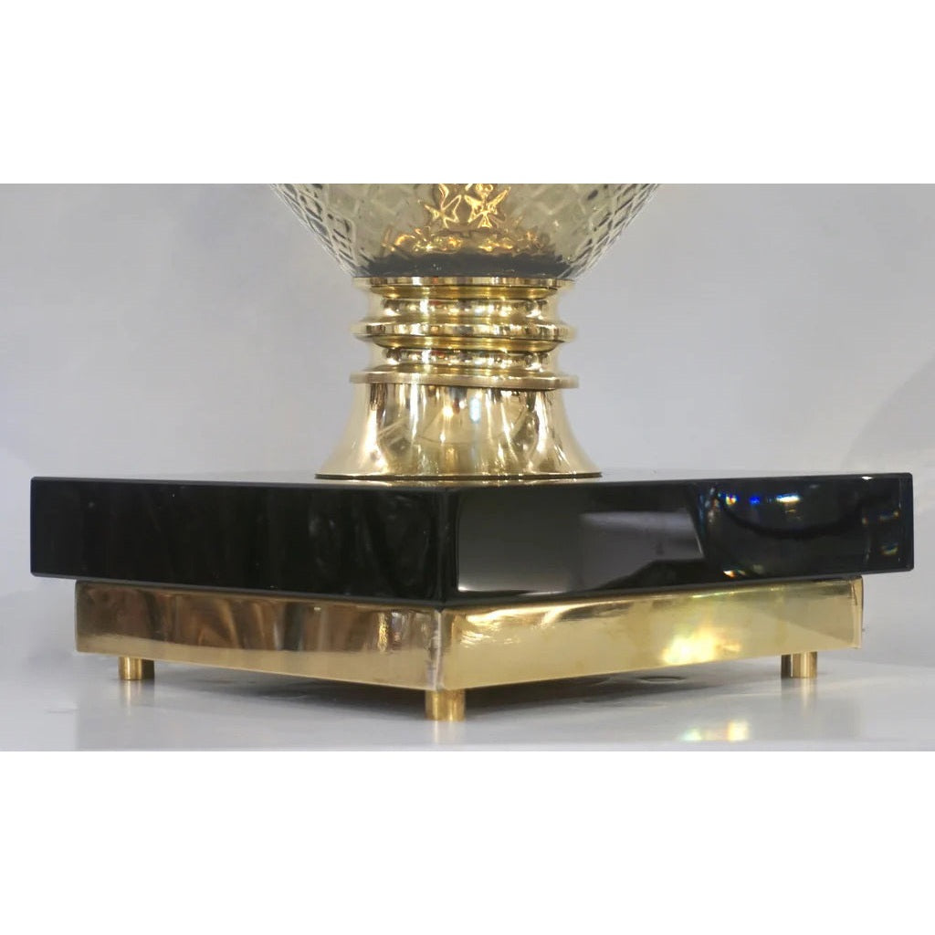 1980 Italian Vintage Pair of Smoked Murano Glass Lamps with Black & Brass Accent