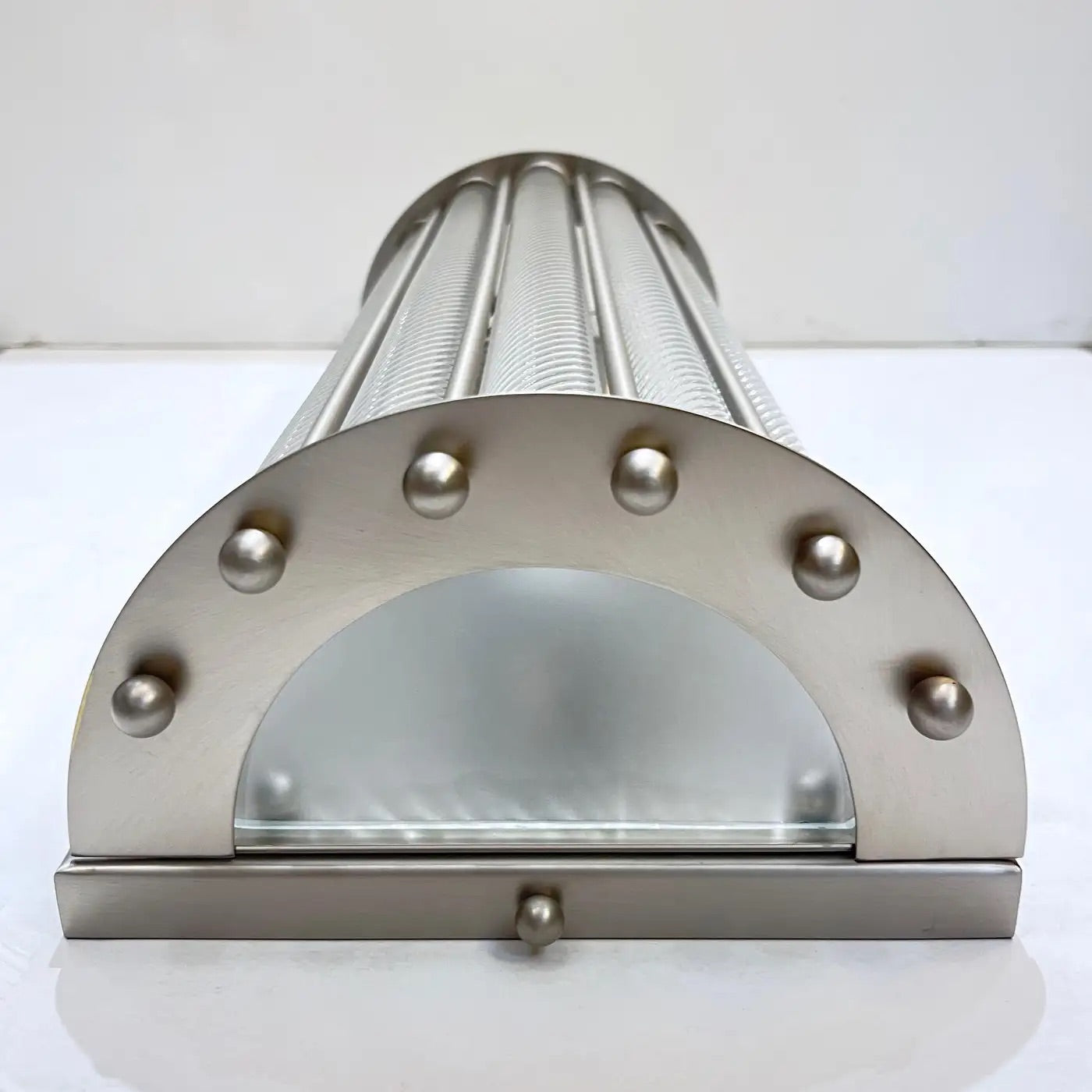 Italian Art Deco Design Pair Crystal Murano Glass Half Moon Satin Nickel Sconces