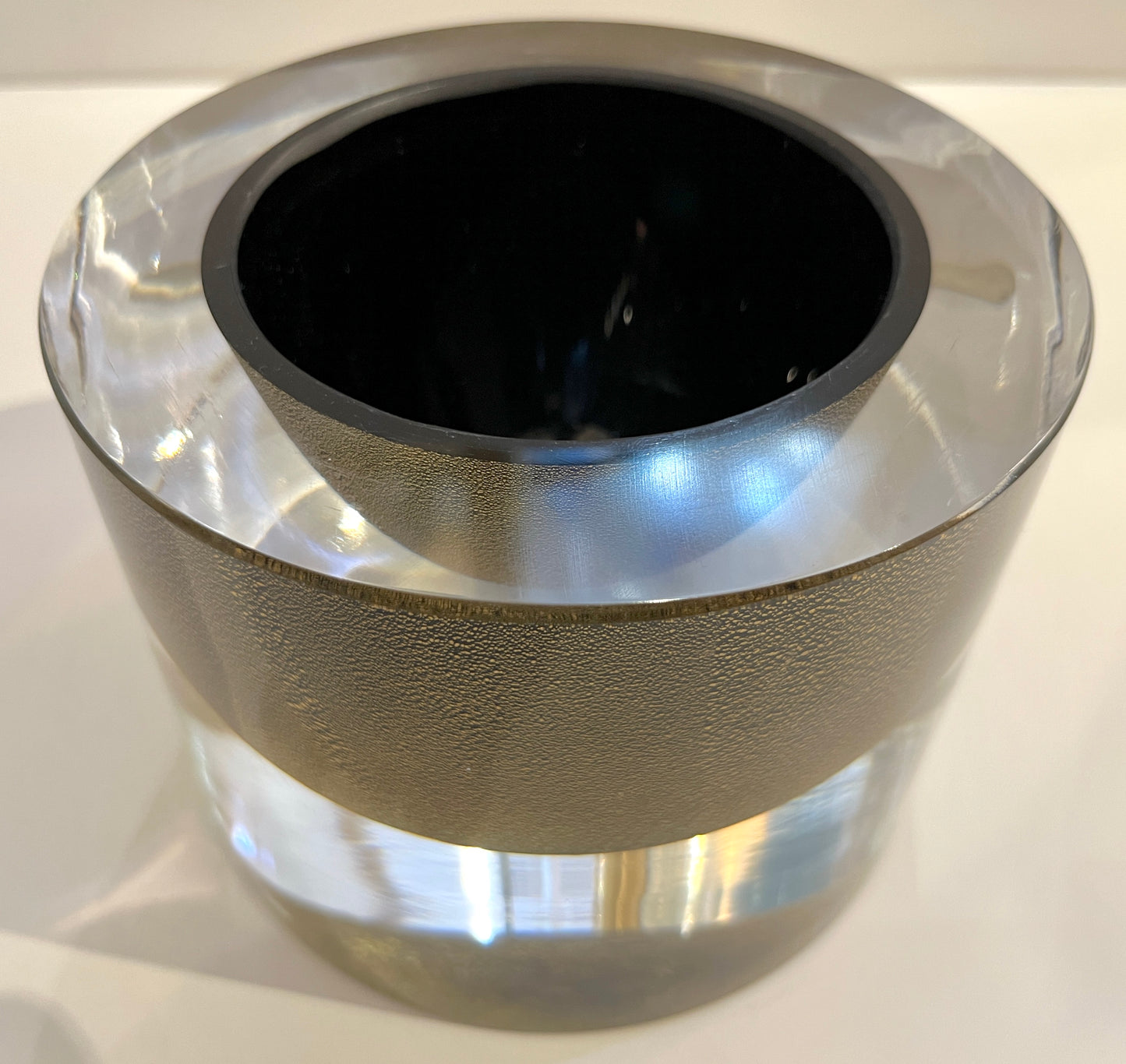 1980 Italian Crystal & Black Murano Glass Round Box Worked with 24Kt Gold Dust