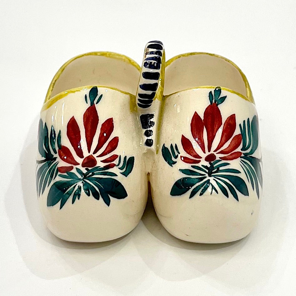 Vintage French HB Majolica Pottery Red Green Cream Clogs Salt & Pepper Holder