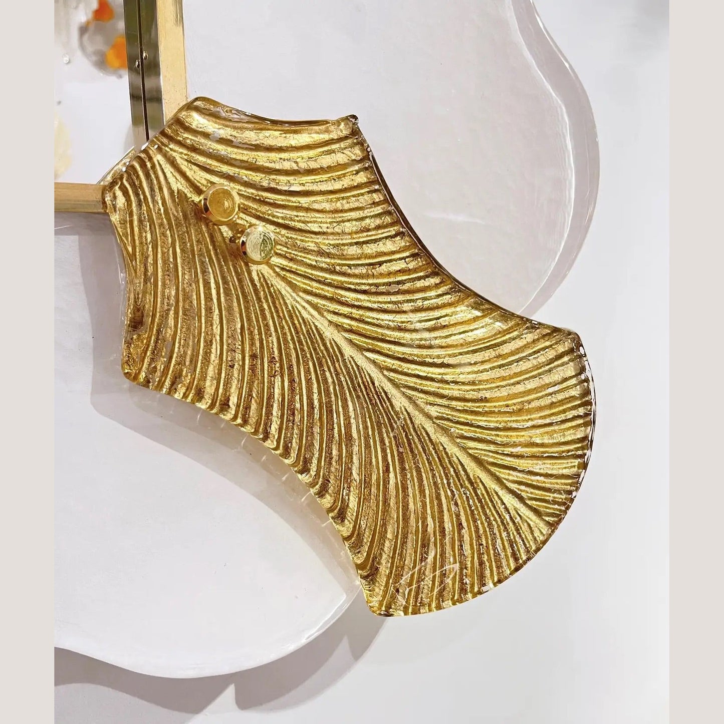 Bespoke Italian Art Deco Style Curved Leaf White Gold Murano Glass Brass Mirror