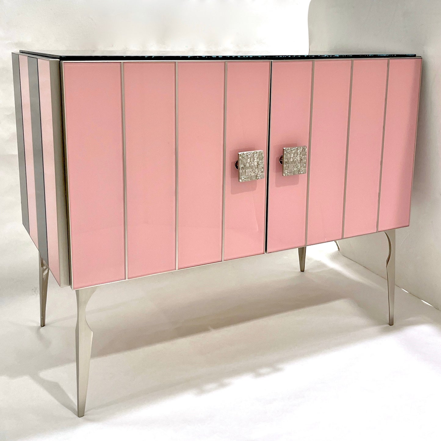Modern Italian Art Deco Style Pink Black Stripe Glass Satin Nickel Cabinet /Bar