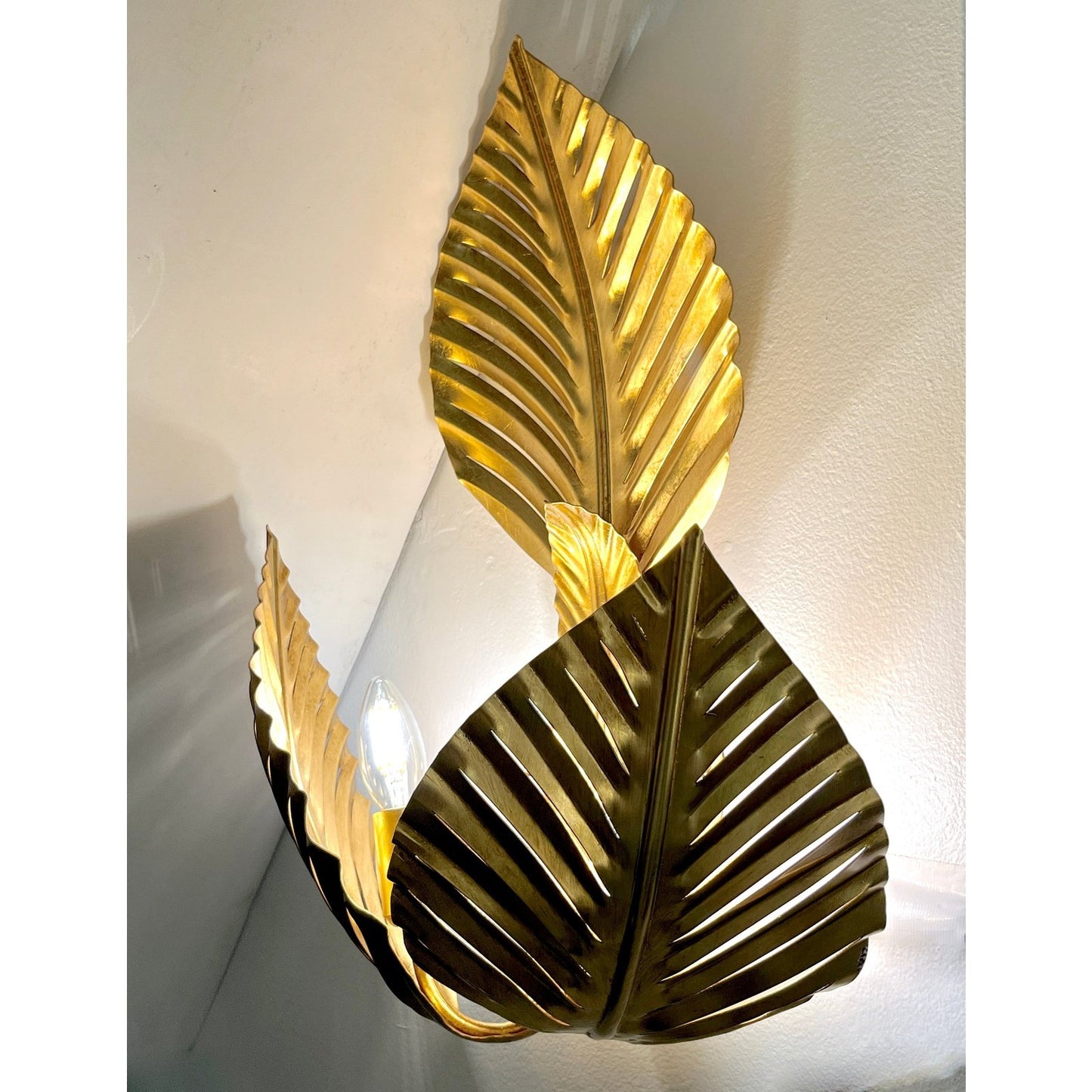 Contemporary Italian Art Deco Design Pair of Hand Made Gold Metal 3-Leaf Sconces