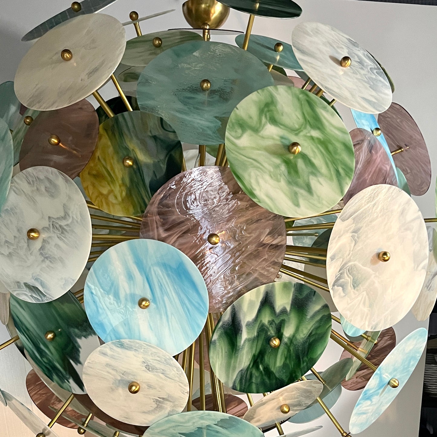 Italian Monumental Blue Pink Pastel Murano Glass Round Brass Sputnik Chandelier