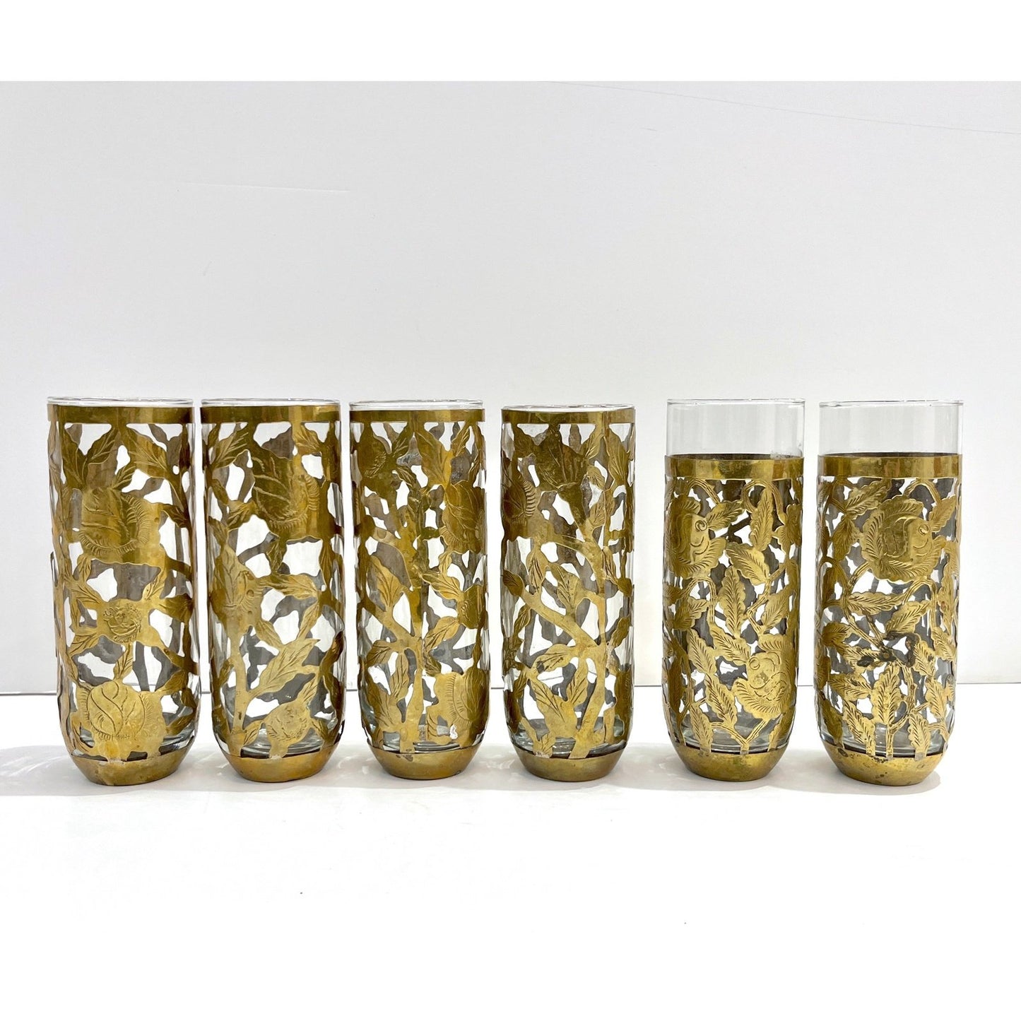 1960 Mexican Set 4 Drinking Glasses Encased in Etched Cutwork Floral Brass Decor