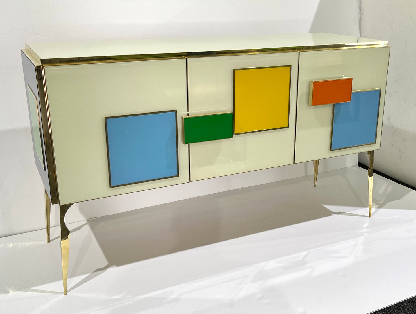 Bespoke Italian Ivory Yellow Green Blue Geometric Postmodern Cabinet/Sideboard