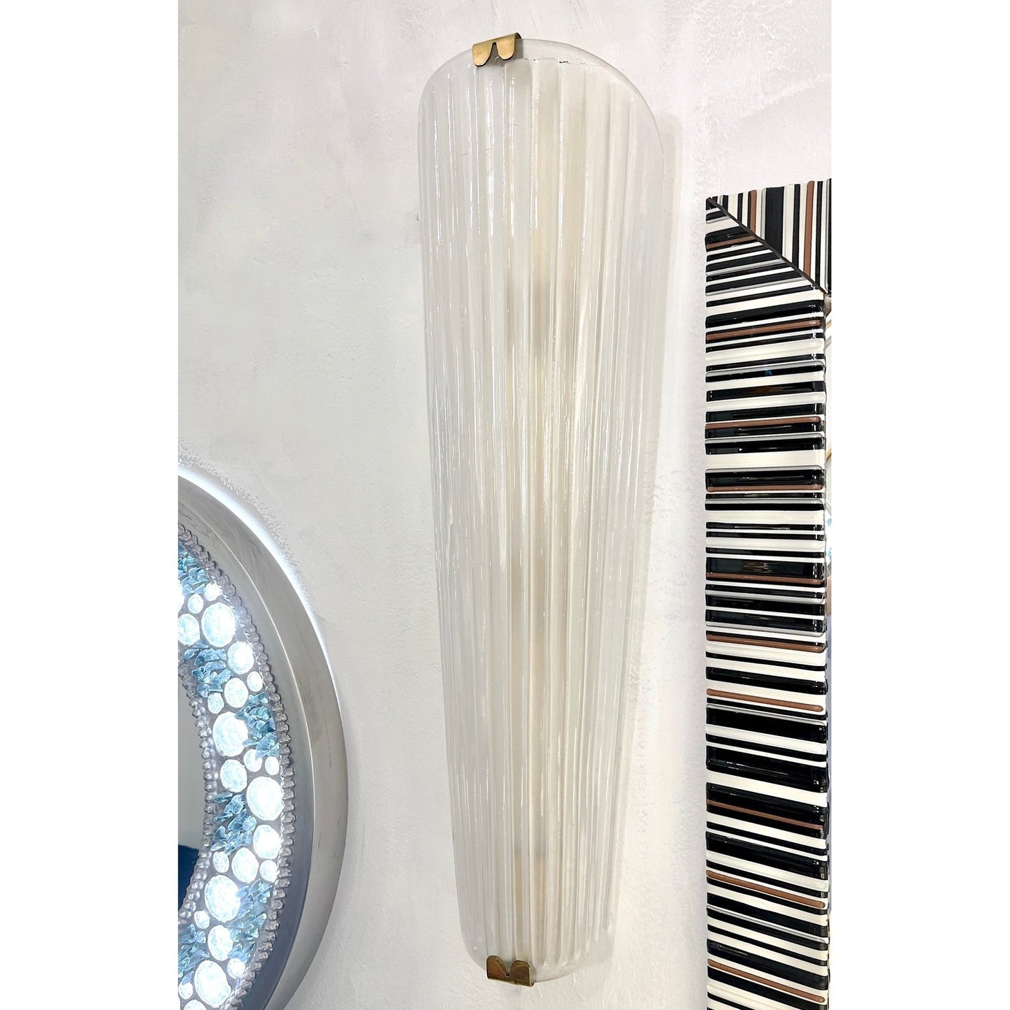 Modern Italian Art Deco Design Iridescent Frosted White Murano Glass Sconces