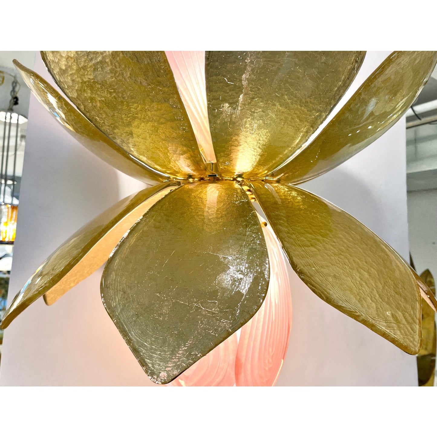 Contemporary Pair of Italian Pink Gold Murano Glass Brass Flower Chandeliers