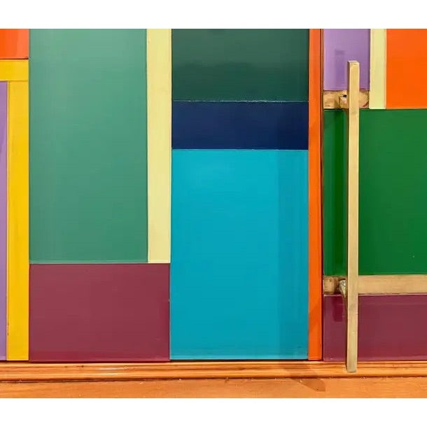 Italian Vintage Mondrian Style Green Orange Yellow Blue Glass 4-Door Sideboard