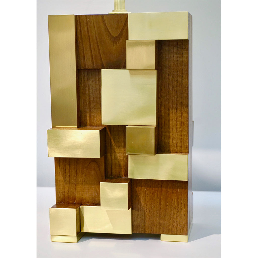 Contemporary Italian Architectural Pair Stepped Wood Brass Organic Urban Lamps