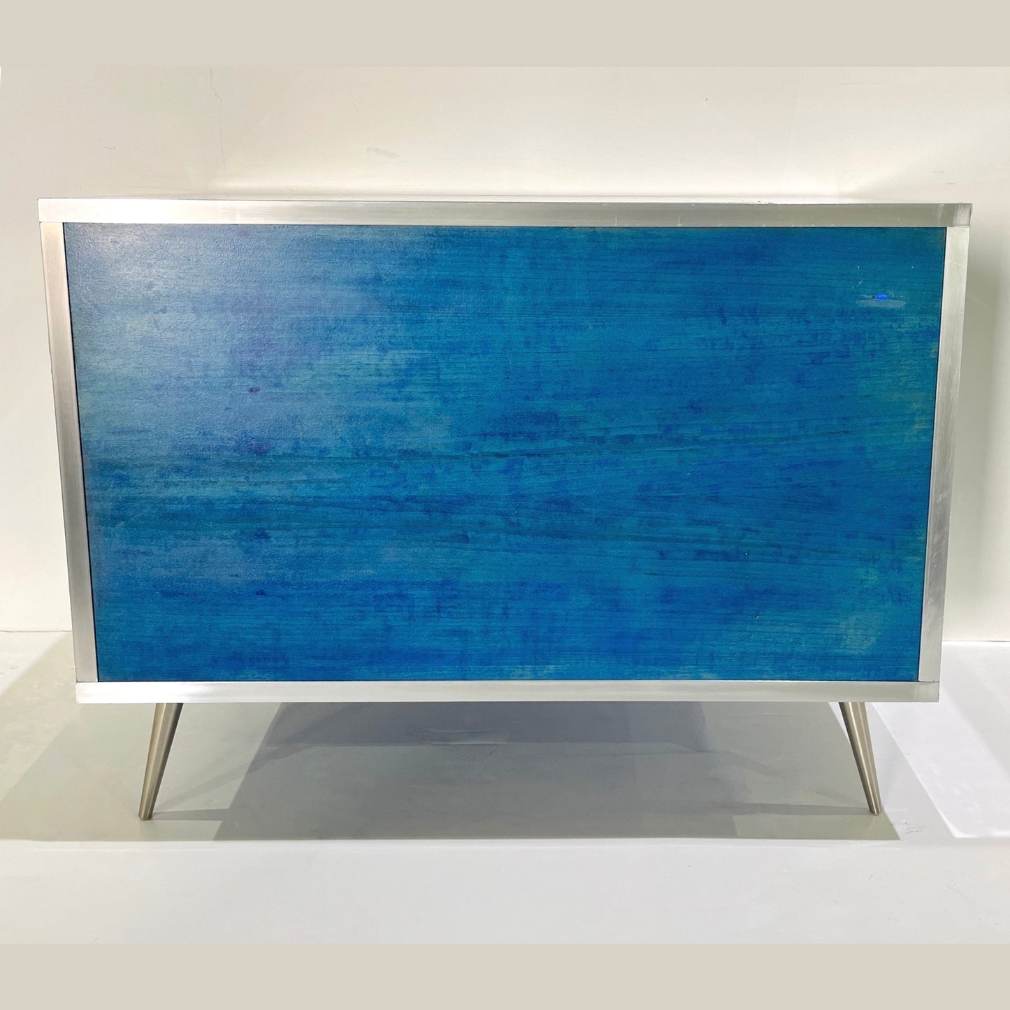 Italian Post Modern Abstract Art Blue Brown Satin Nickel Finish Mirror Cabinet