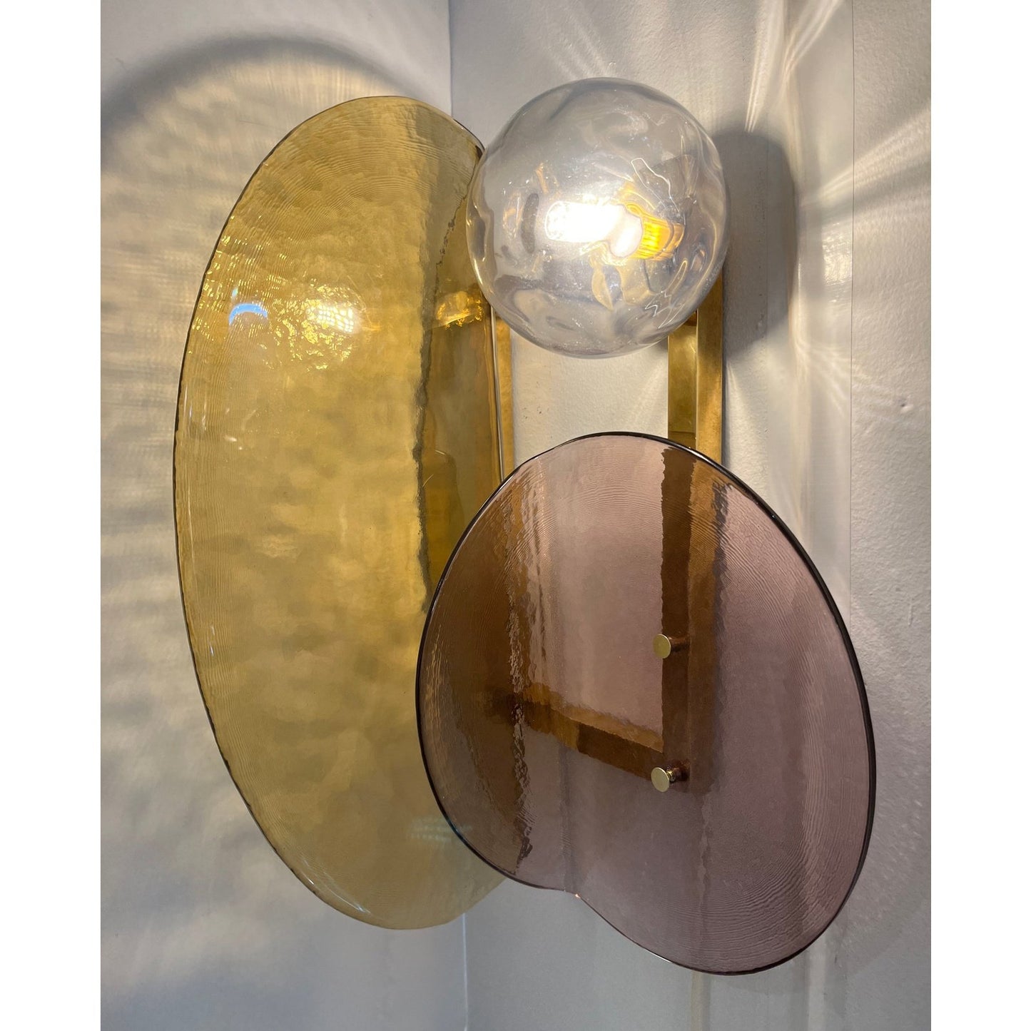 Contemporary Italian Mauve Plum Amber Murano Glass Post-Modern Gold Brass Sconce