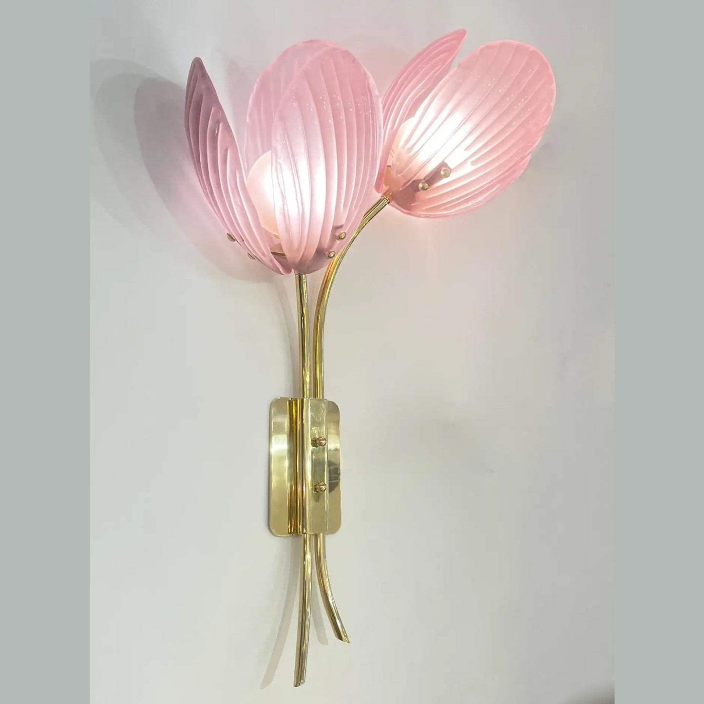 Customizable Italian 2-Branch Pink Murano Glass Tulip Flower Gold Brass Sconces