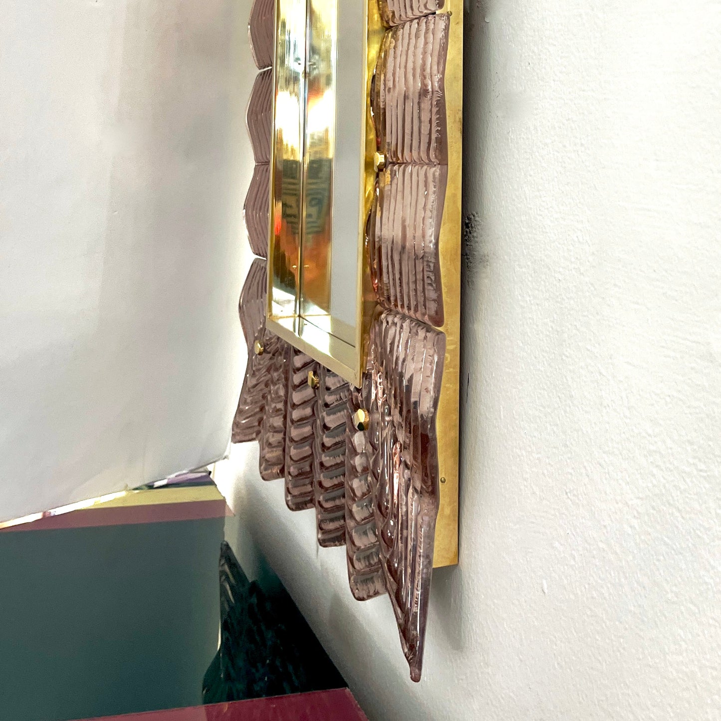 Bespoke Italian Art Deco Design Small Ruffled Pink Murano Glass Brass Mirror