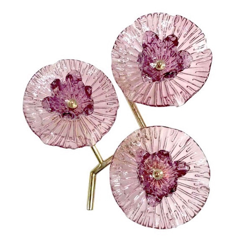 Italian Modern Pair of Pink Amethyst Murano Glass Flower Branch Wall Sconces