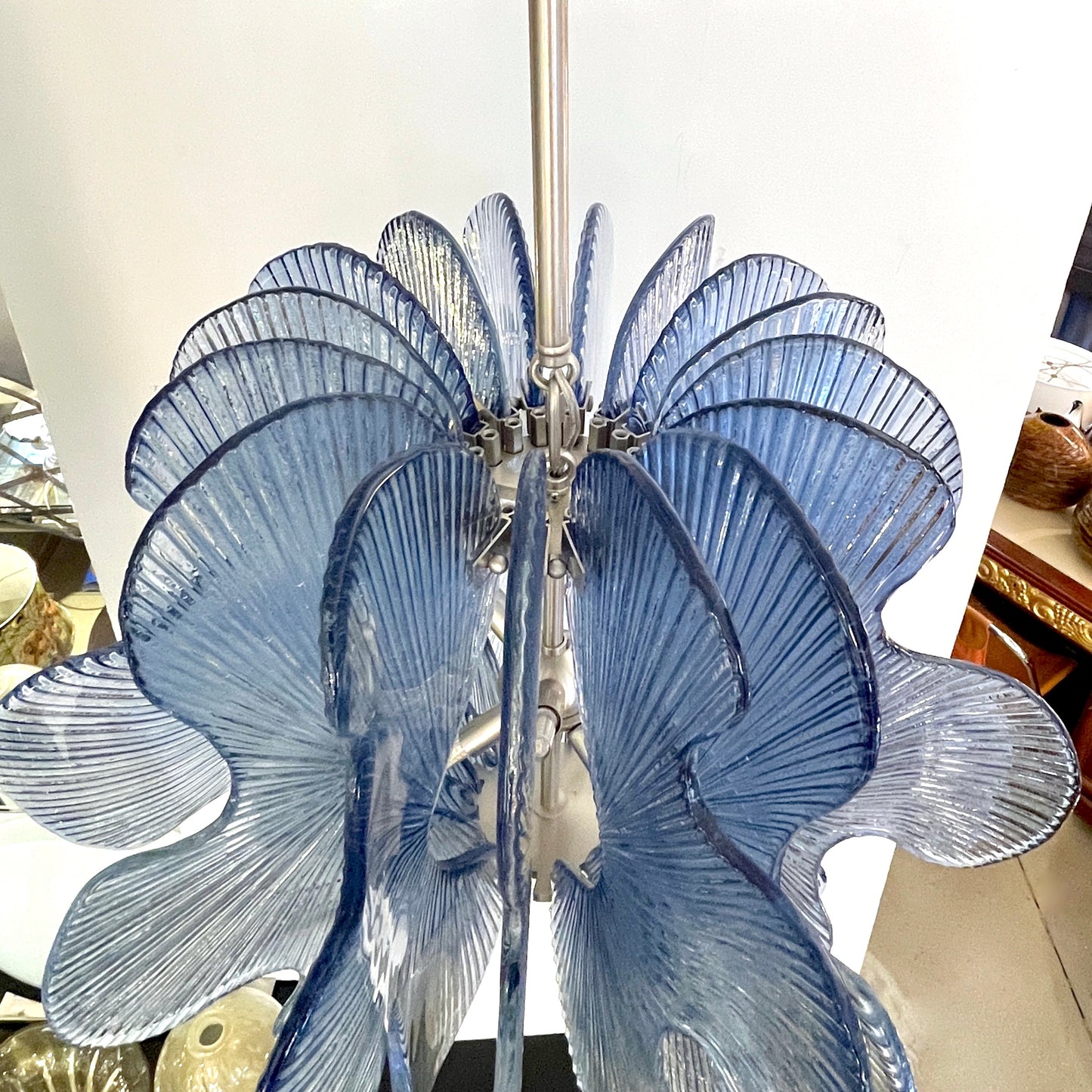 Modern Italian Wavy Blue Textured Murano Glass Satin Nickel Pendant/Chandelier