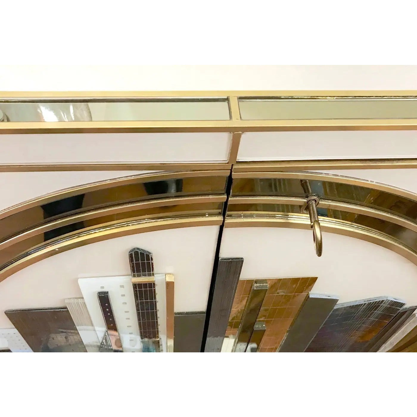 Italian Bespoke Modern Ivory Cabinets with Blue Gold Brass New York City Outline
