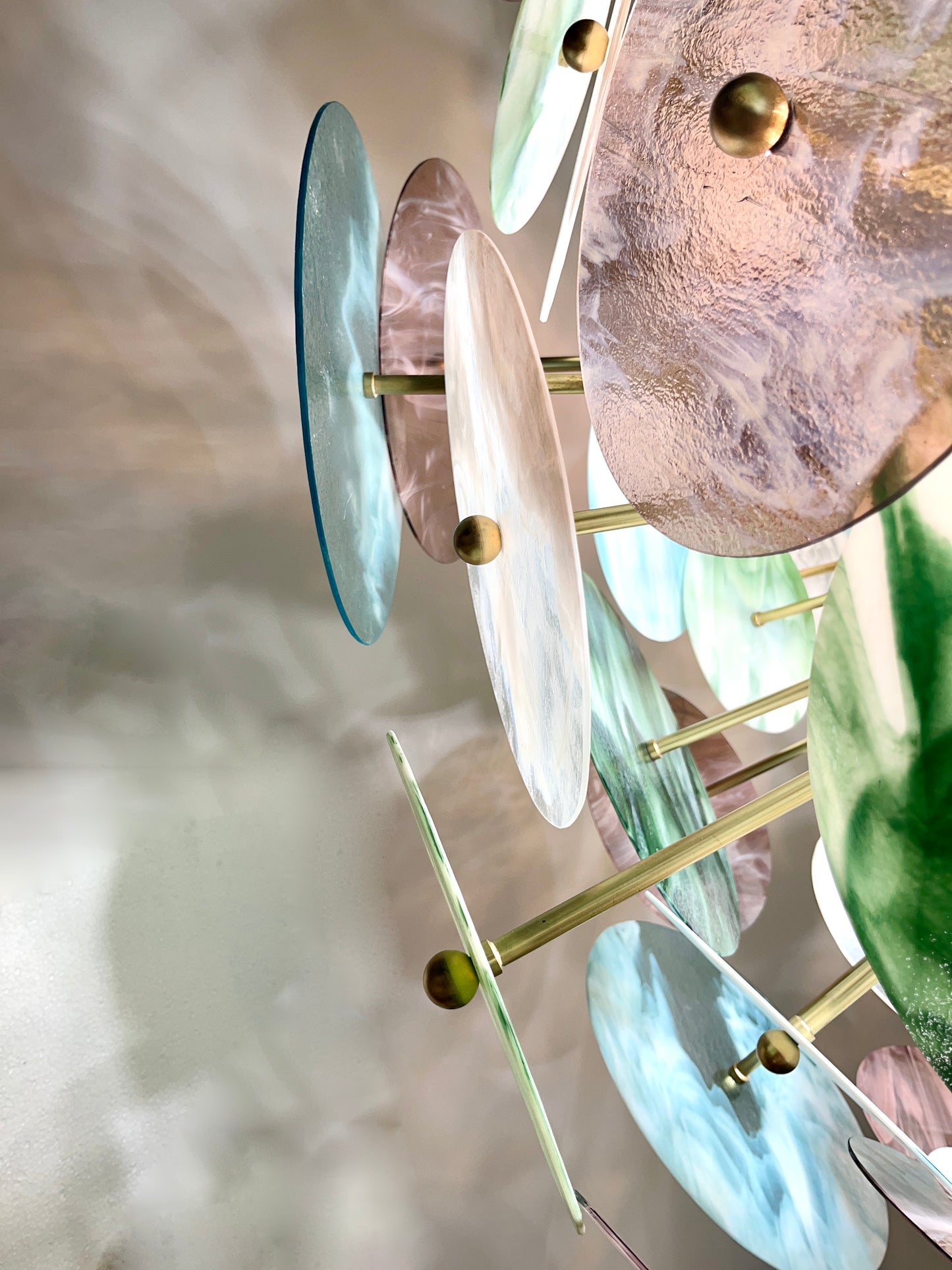 Italian Monumental Blue Pink Pastel Murano Glass Round Brass Sputnik Chandelier