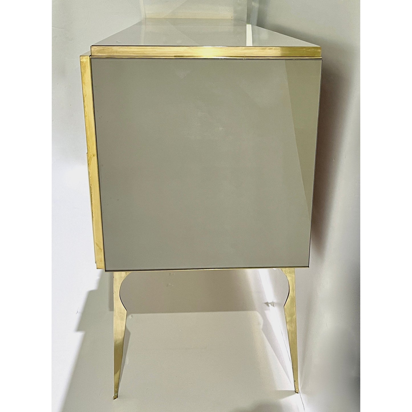 Modern Italian Ivory Gray Teal Blue Geometric Postmodern Brass Cabinet Sideboard