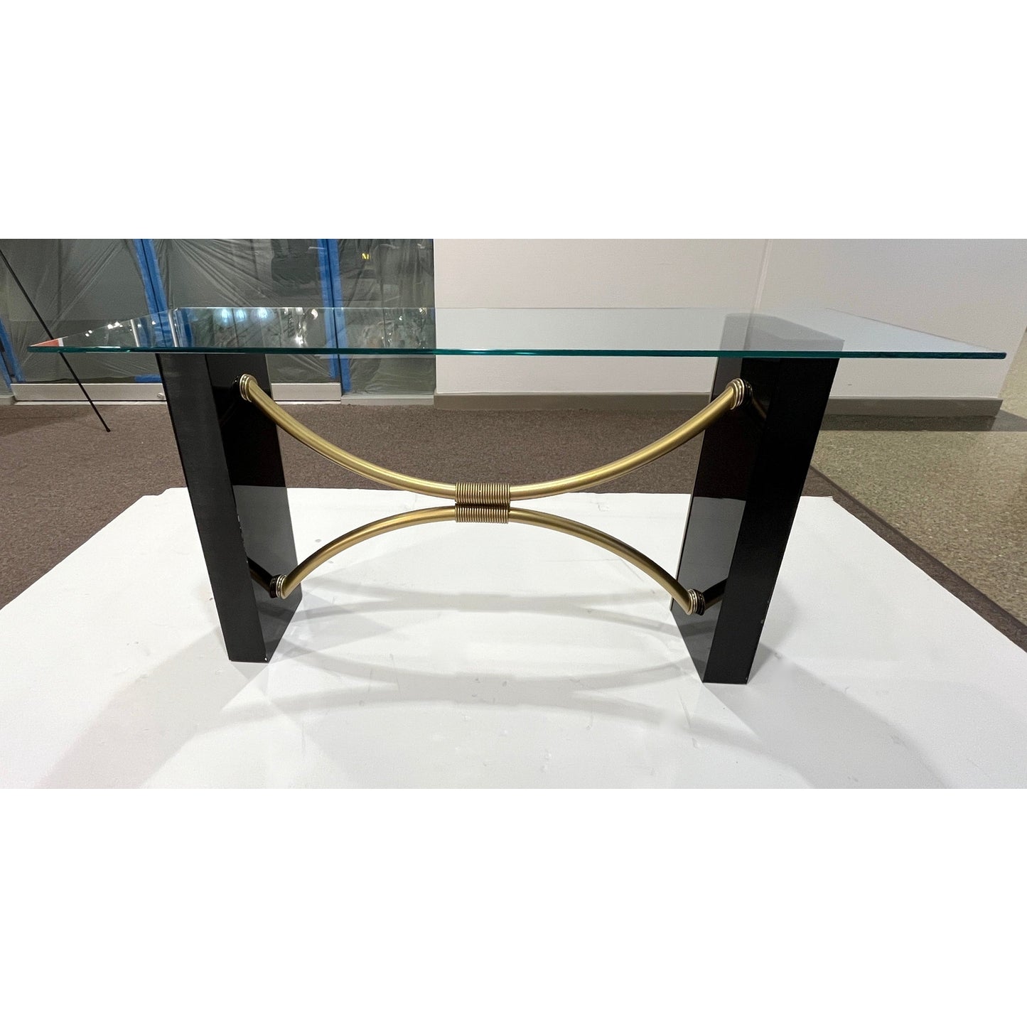 1970s French Art Deco Style Black Gold Console Table Attributed to Pierre Cardin