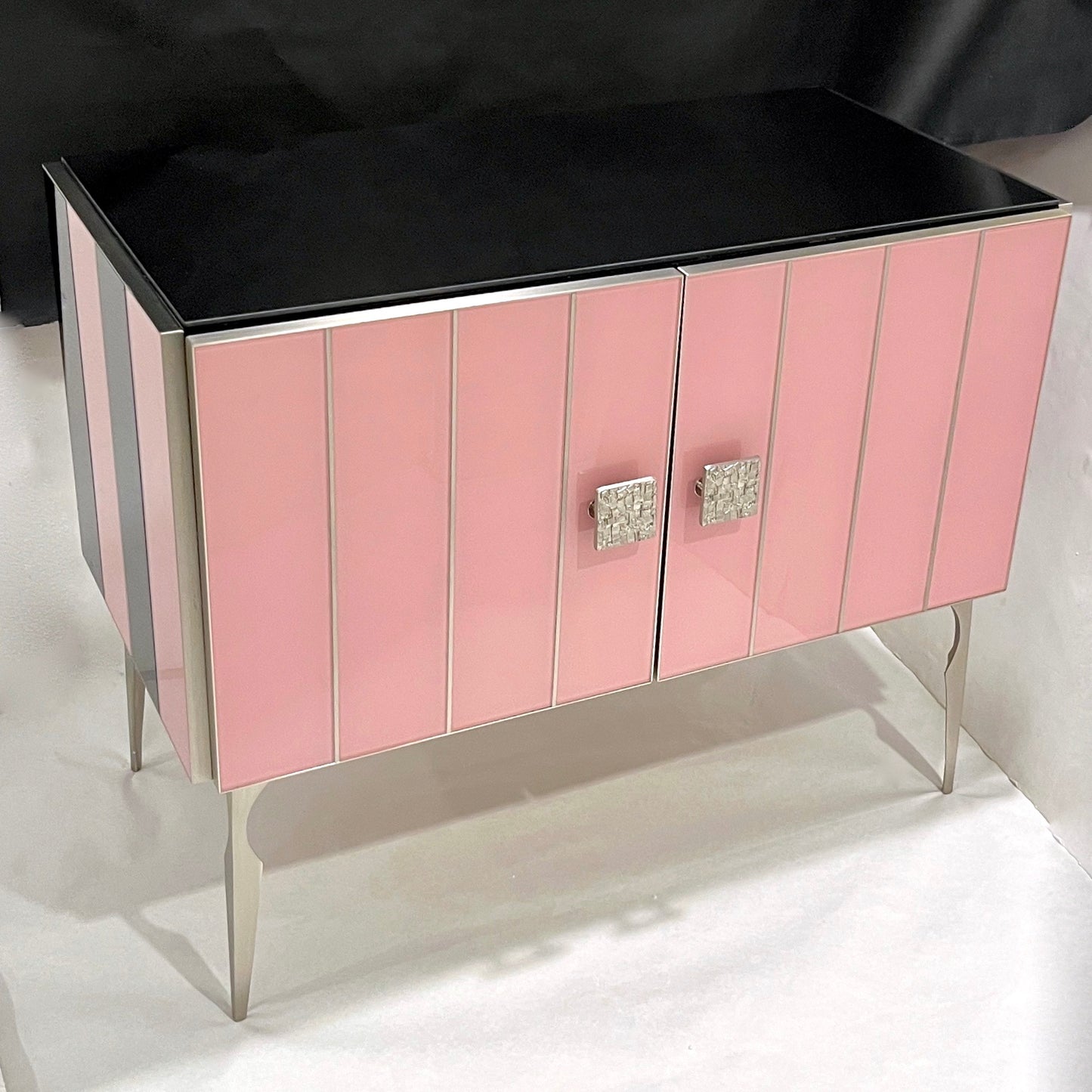 Modern Italian Art Deco Style Pink Black Stripe Glass Satin Nickel Cabinet /Bar