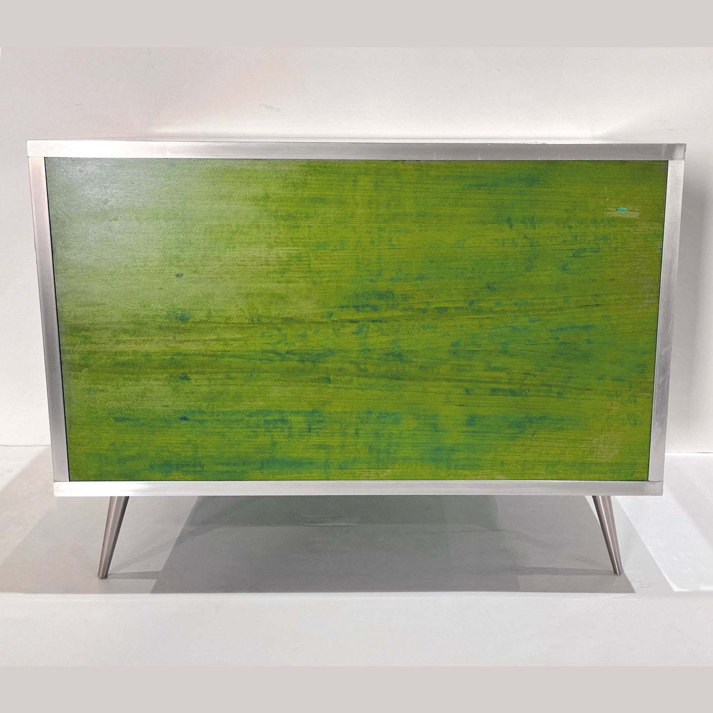 Italian Post Modern Abstract Art Green Purple Satin Nickel Finish Mirror Cabinet