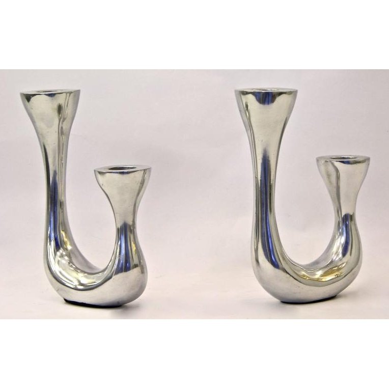 1970s Vintage Italian Pair of Polished Cast Aluminum Modern Candle Holders