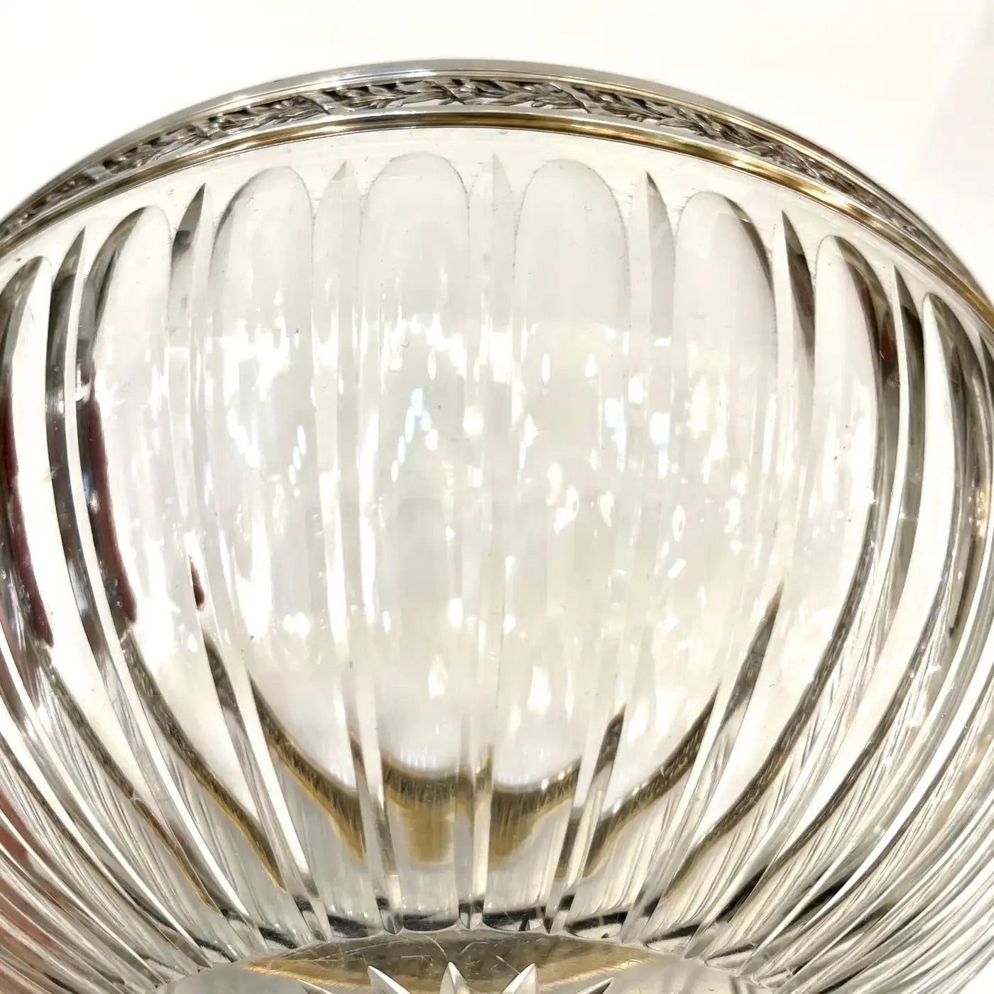Antique French Neoclassical Foliage Decor Silver Plated Rim Cut Crystal Bowl