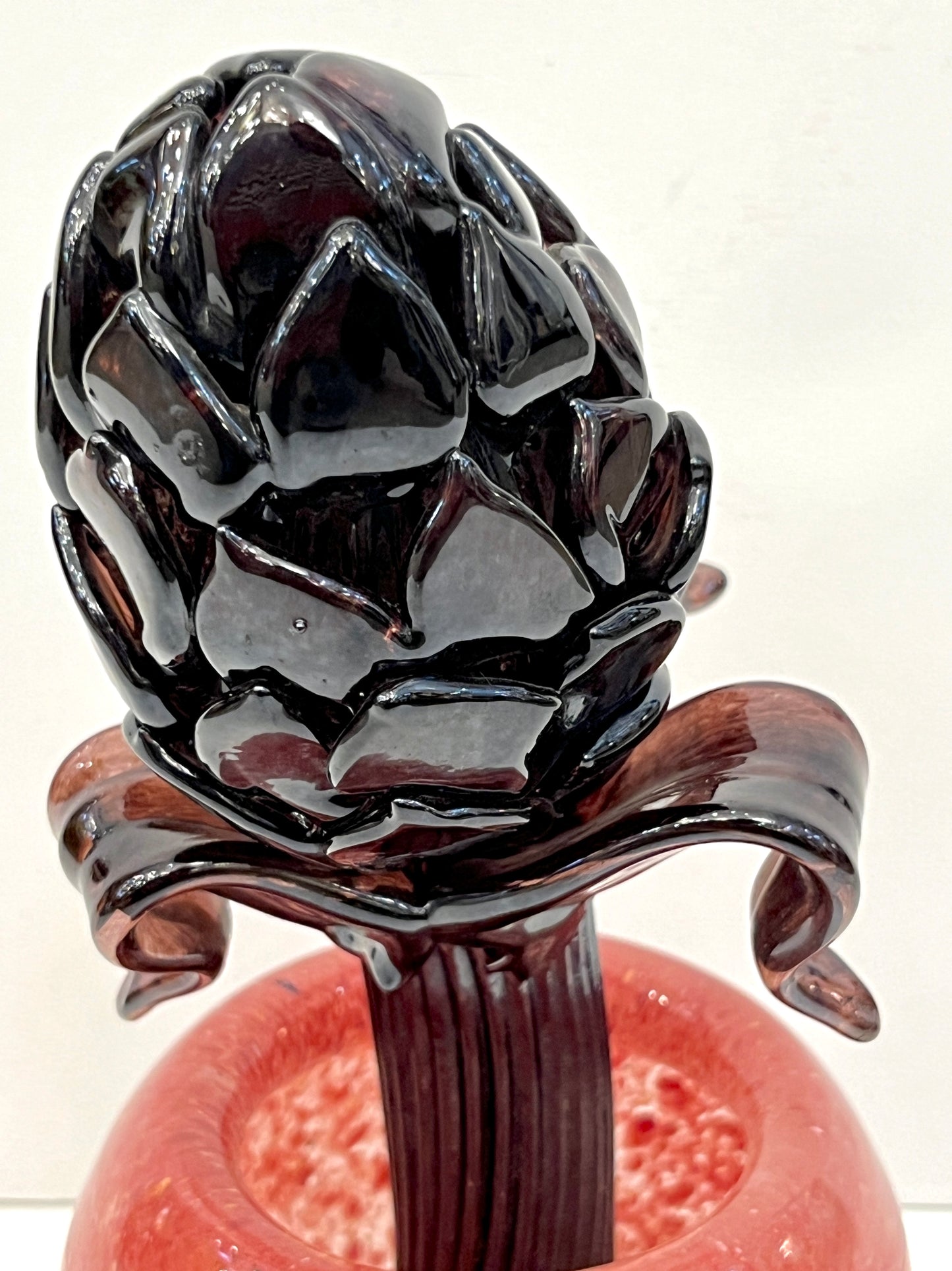 2000 Italian Dark Purple Murano Art Glass Artichoke Flower Plant in Red Pink Pot