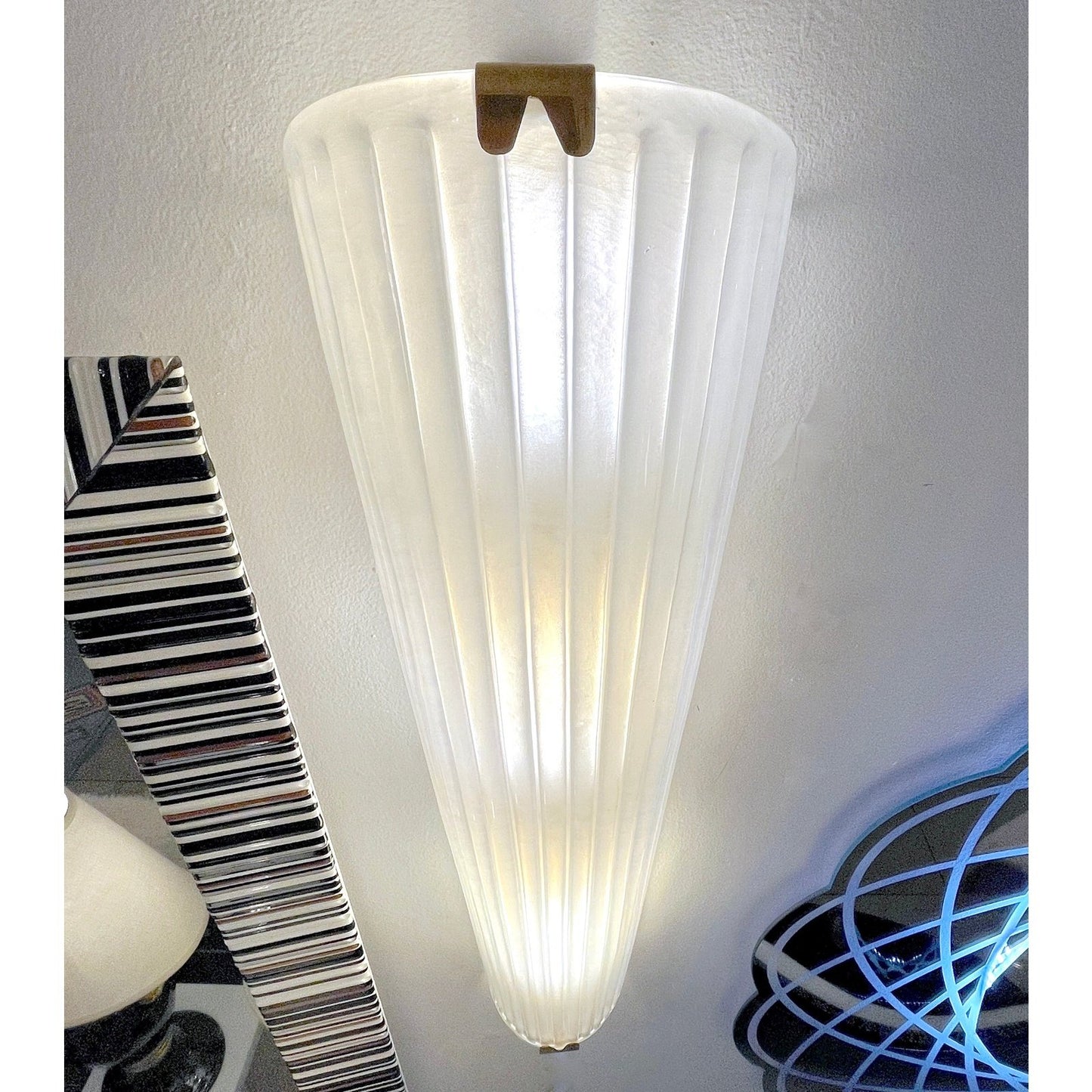 Modern Italian Art Deco Design Iridescent Frosted White Murano Glass Sconces