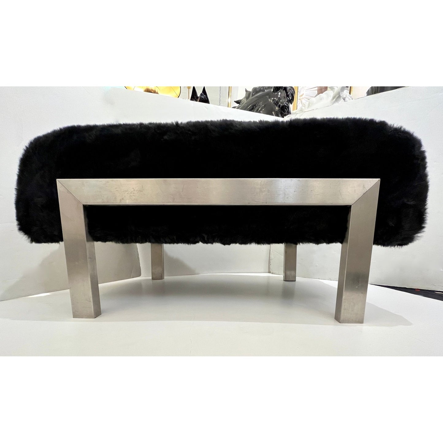 1970s Italian Vintage Black Faux Fur Steel Bed Stool Bench