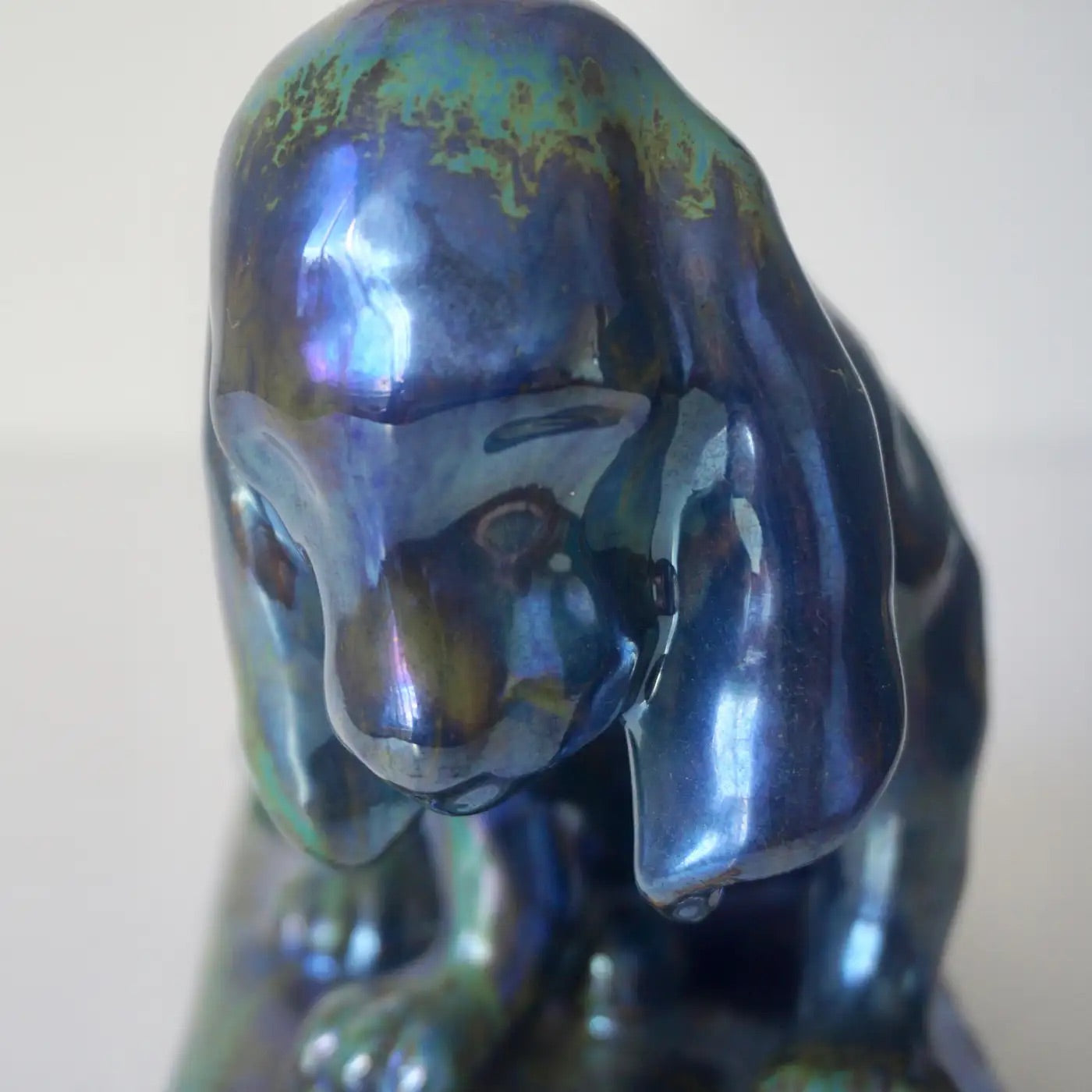 French Antique Pottery Art Nouveau Lustre Glaze Blue Green Dog Figure Sculpture