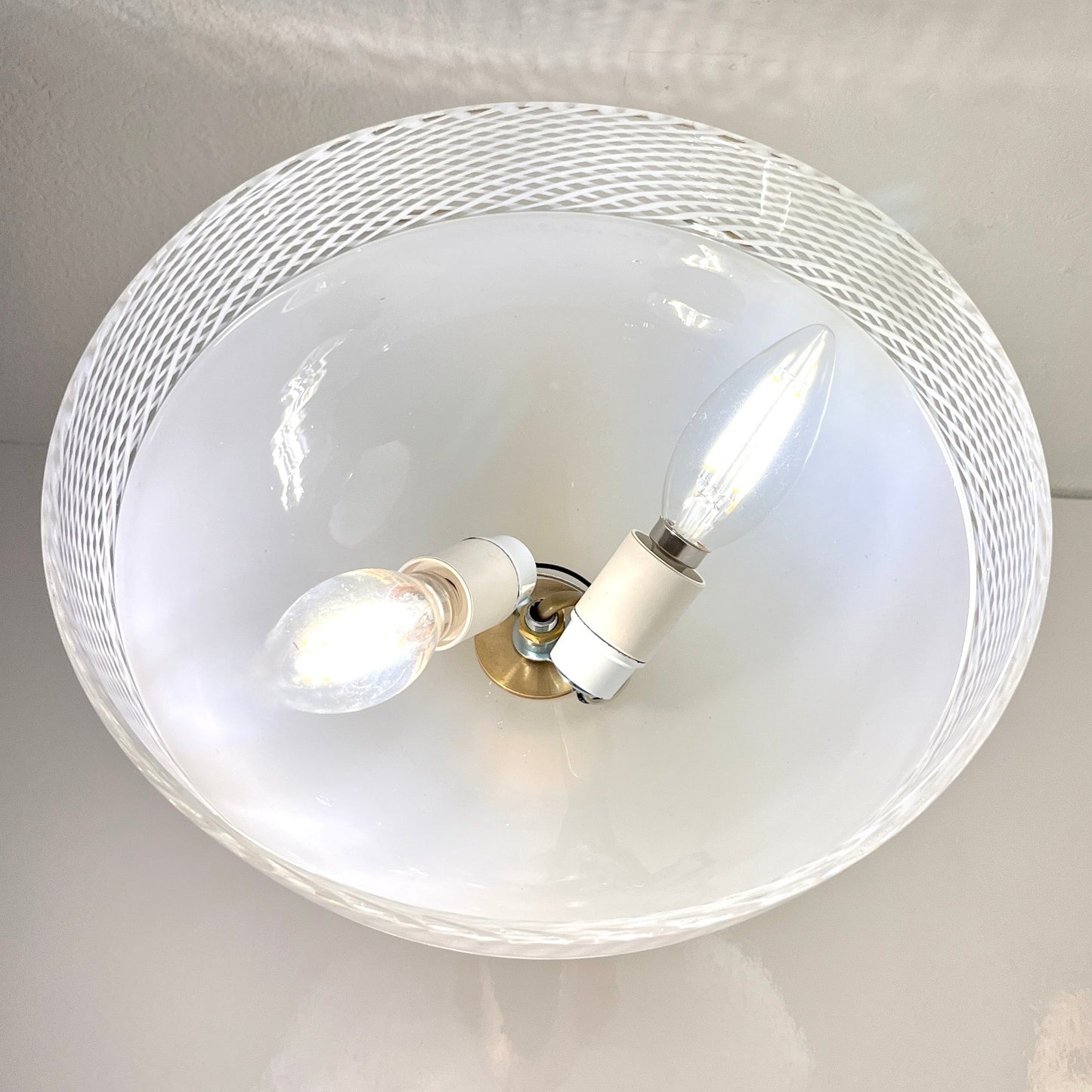 Venini 1960s Italian Art Deco Design White Murano Glass Bowl Brass Wall Lights