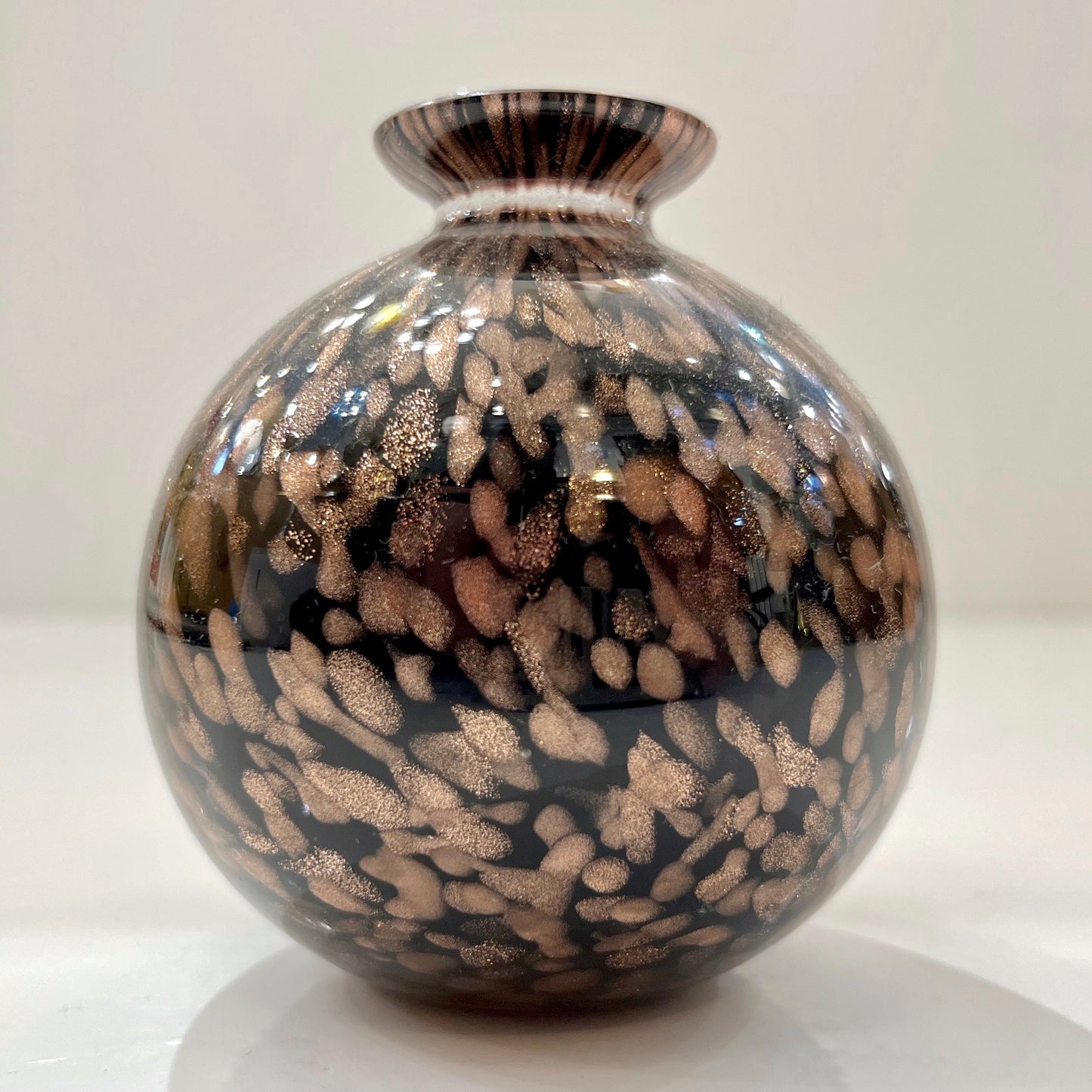 1991 Italian Murano Art Glass Black Copper Sommerso Single Flower Round Vase