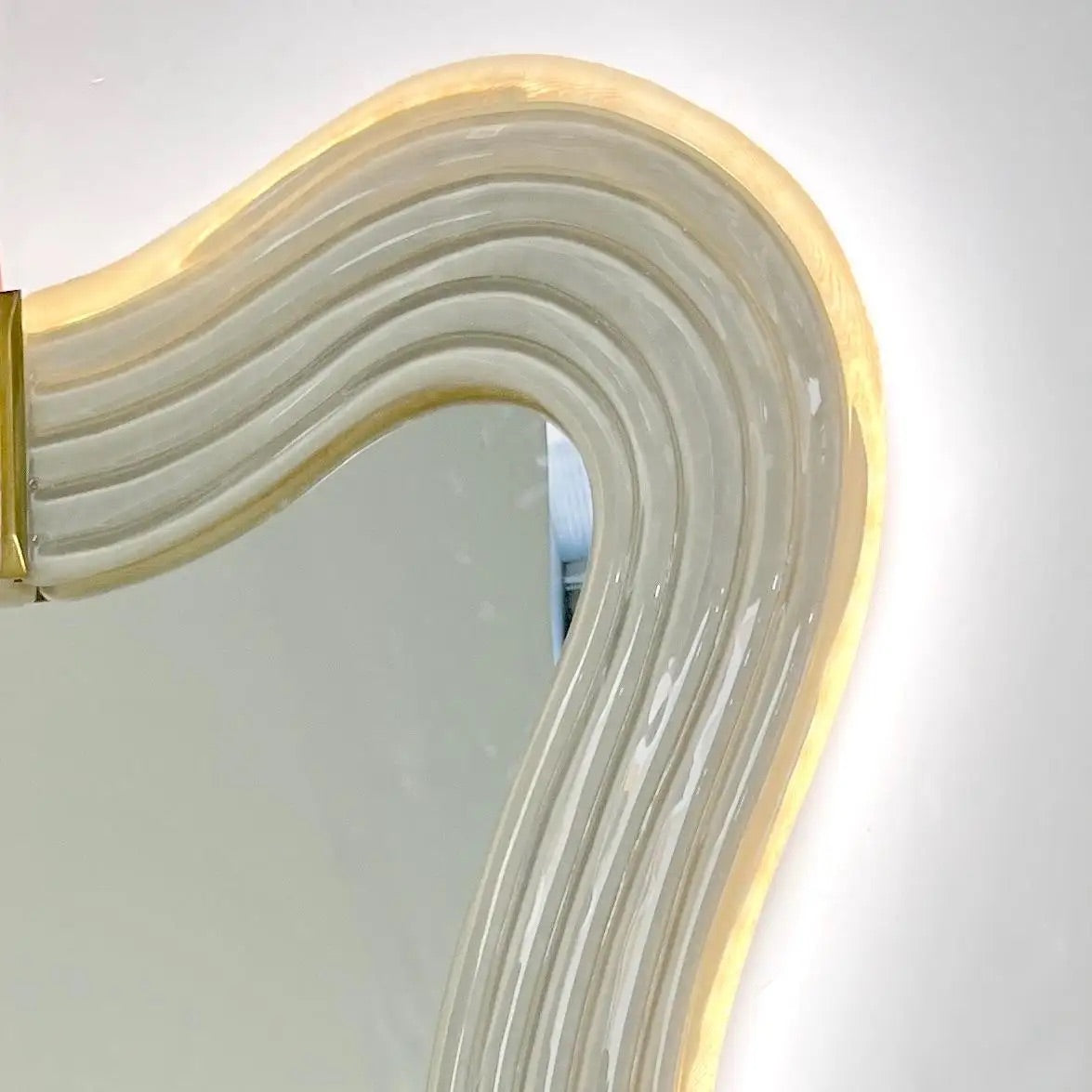 Contemporary Italian Pearl White Cream Murano Glass Brass Backlit Curved Mirror