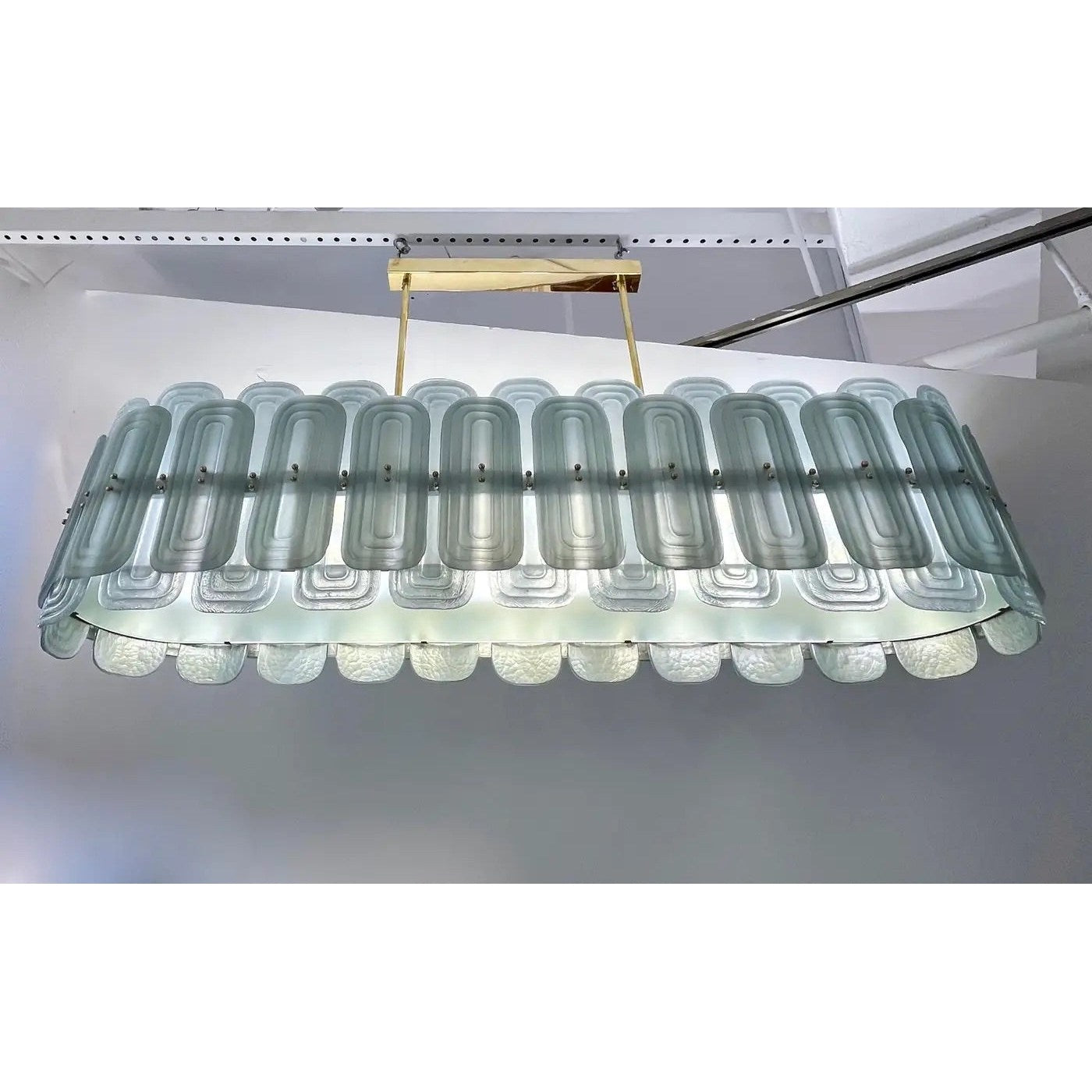 Italian Fontana Arte Style Pearl Aqua Blue Murano Glass Oval Brass Chandelier