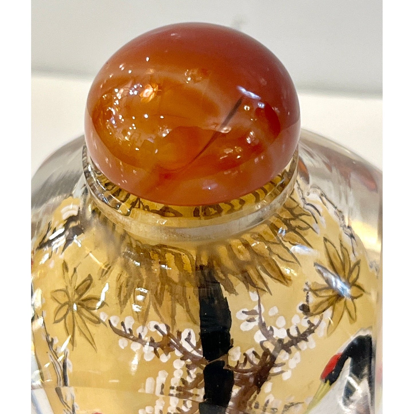 Asian Crane Birds Reverse Painted Cut Glass Decorative Bottle with Agate Stopper
