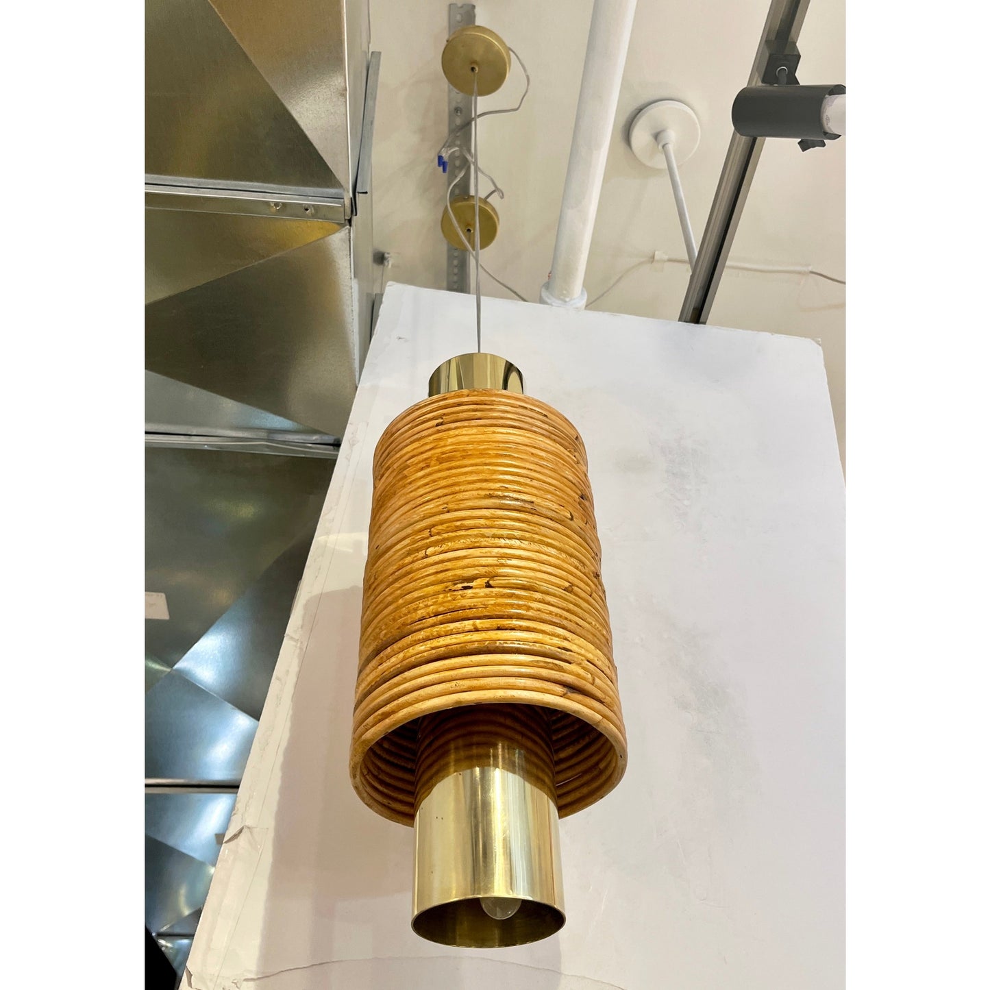 Contemporary Italian Customizable Circular Rattan Brass Pendant/Chandelier