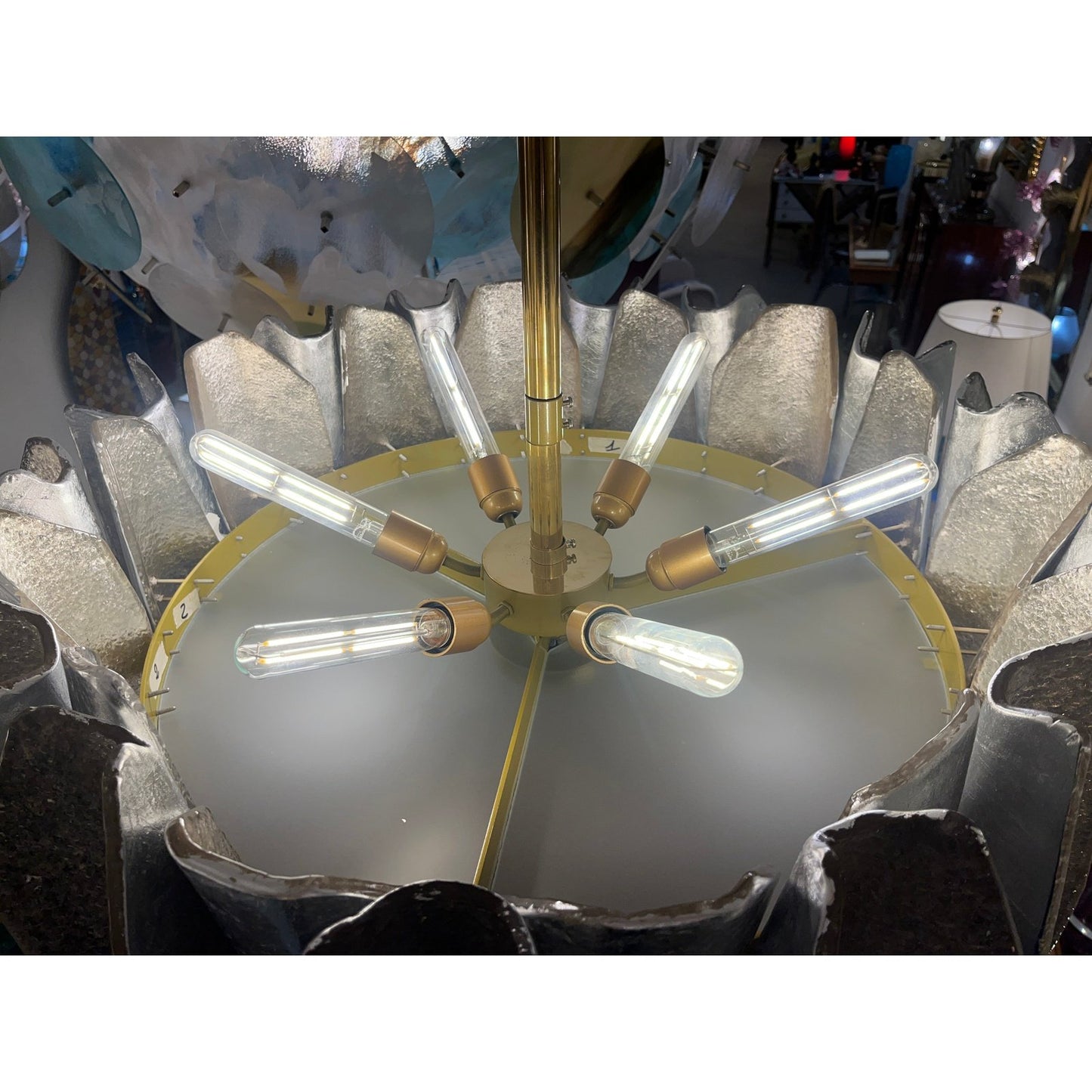 Italian Post Modern Amber Gold Silver Murano Glass Round Graphic Chandelier