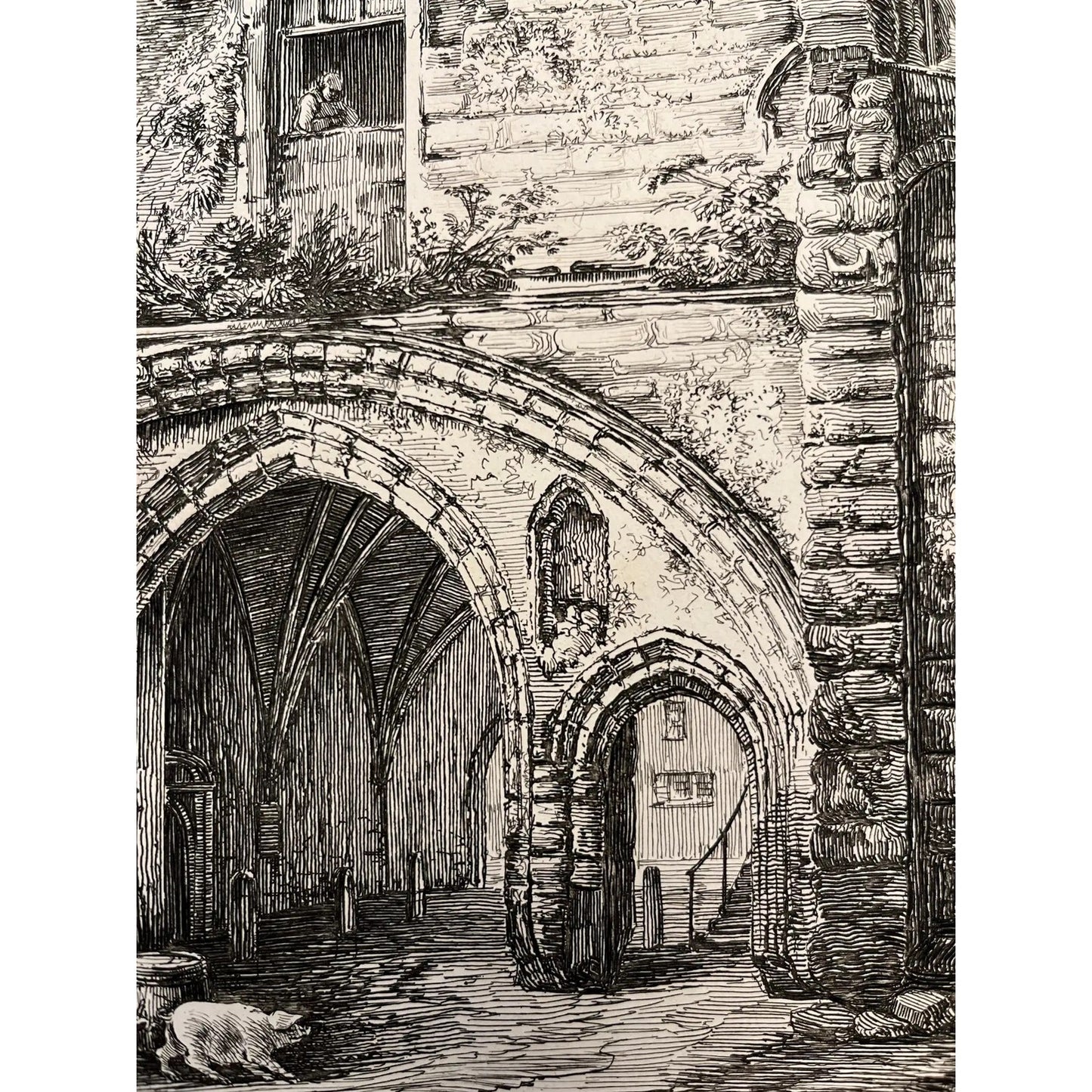 19th C. The Abbey Gate English Antique Gold Framed Green Mat Black White Etching