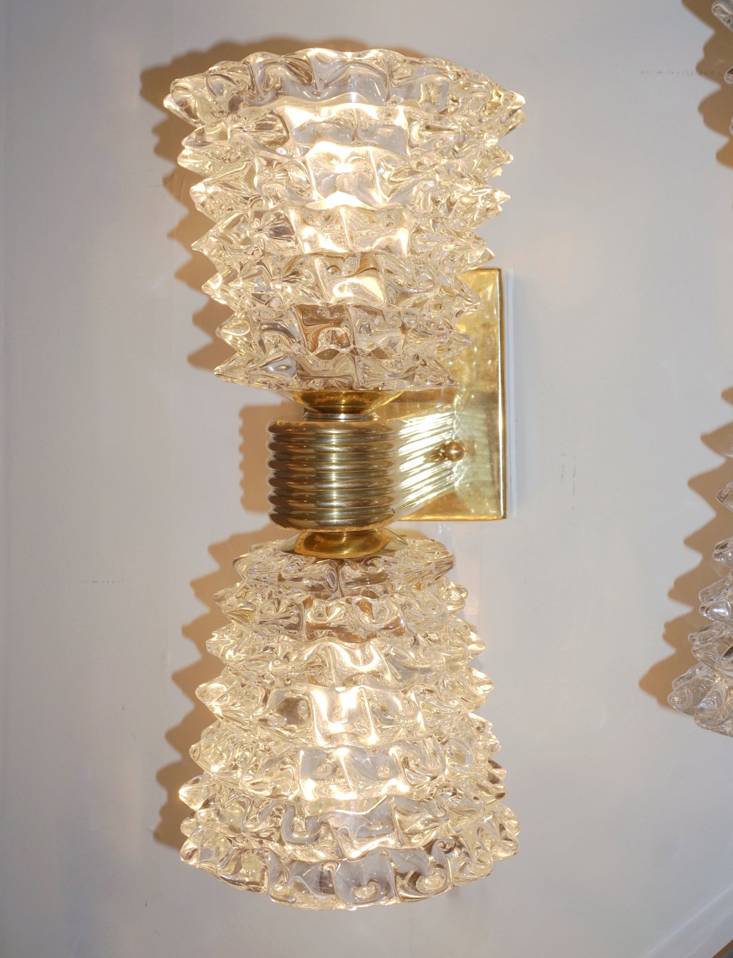 Contemporary Italian Rostrato Crystal Murano Glass & Brass Double-Lit Sconce