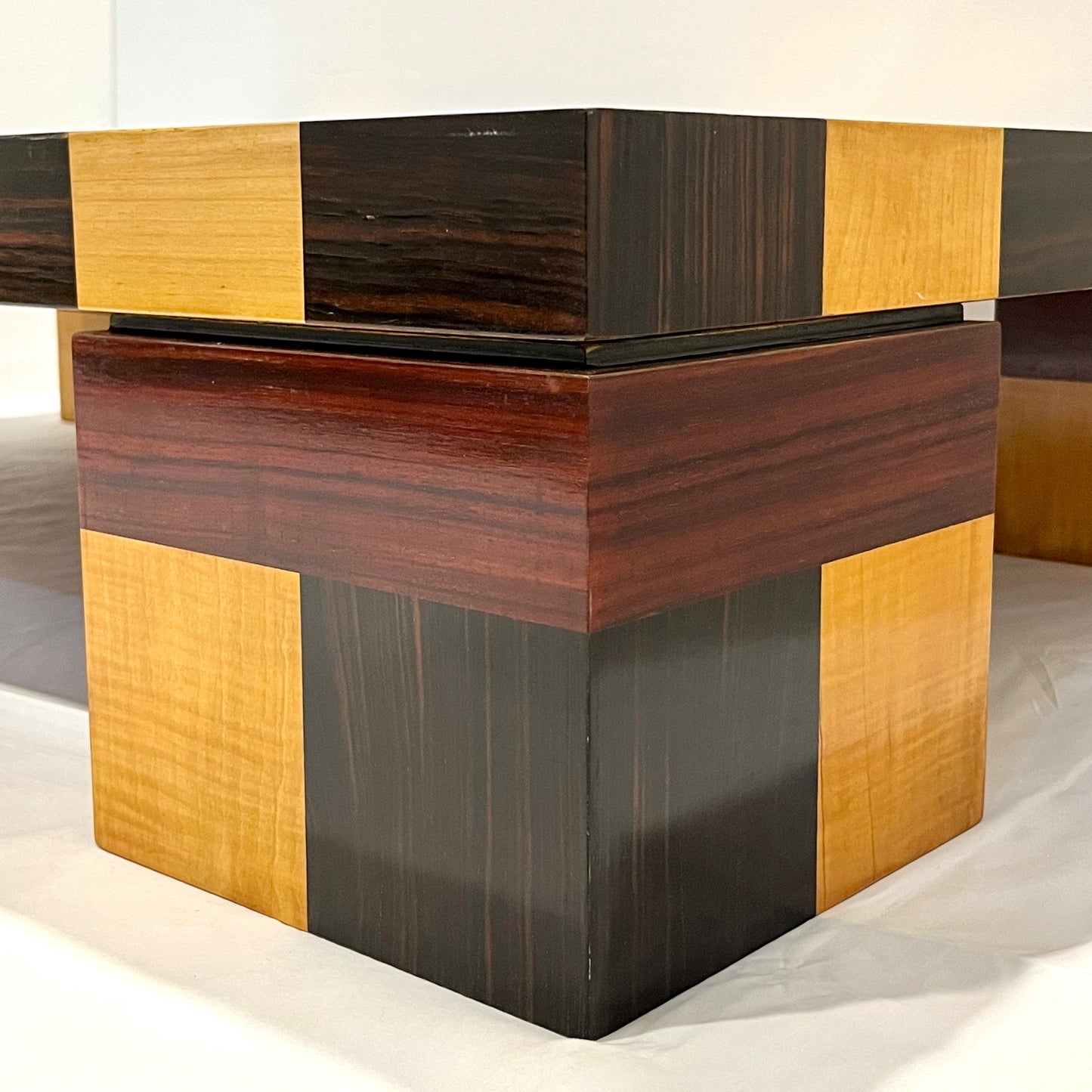 1970s Italian Vintage Walnut Cherrywood Maple Geometric Center Coffee Table