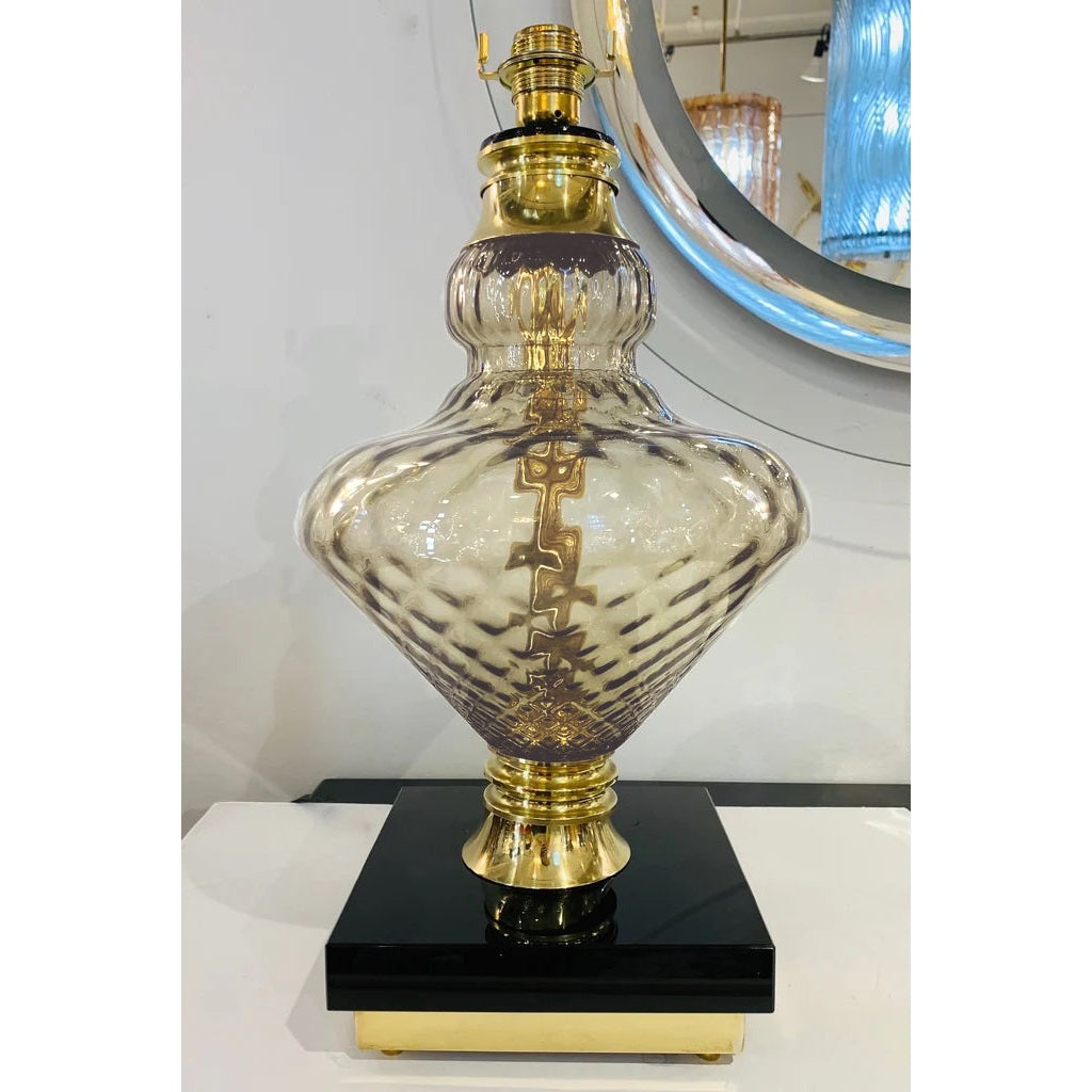 1980 Italian Vintage Pair of Smoked Murano Glass Lamps with Black & Brass Accent