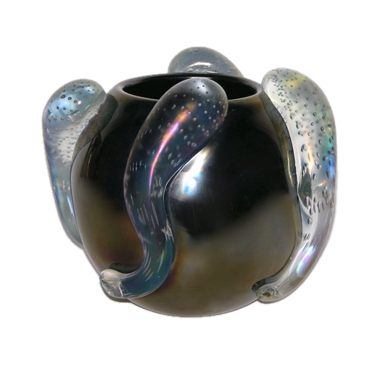 Costantini Italian Sculpture Iridescent Black Murano Glass Round Vase