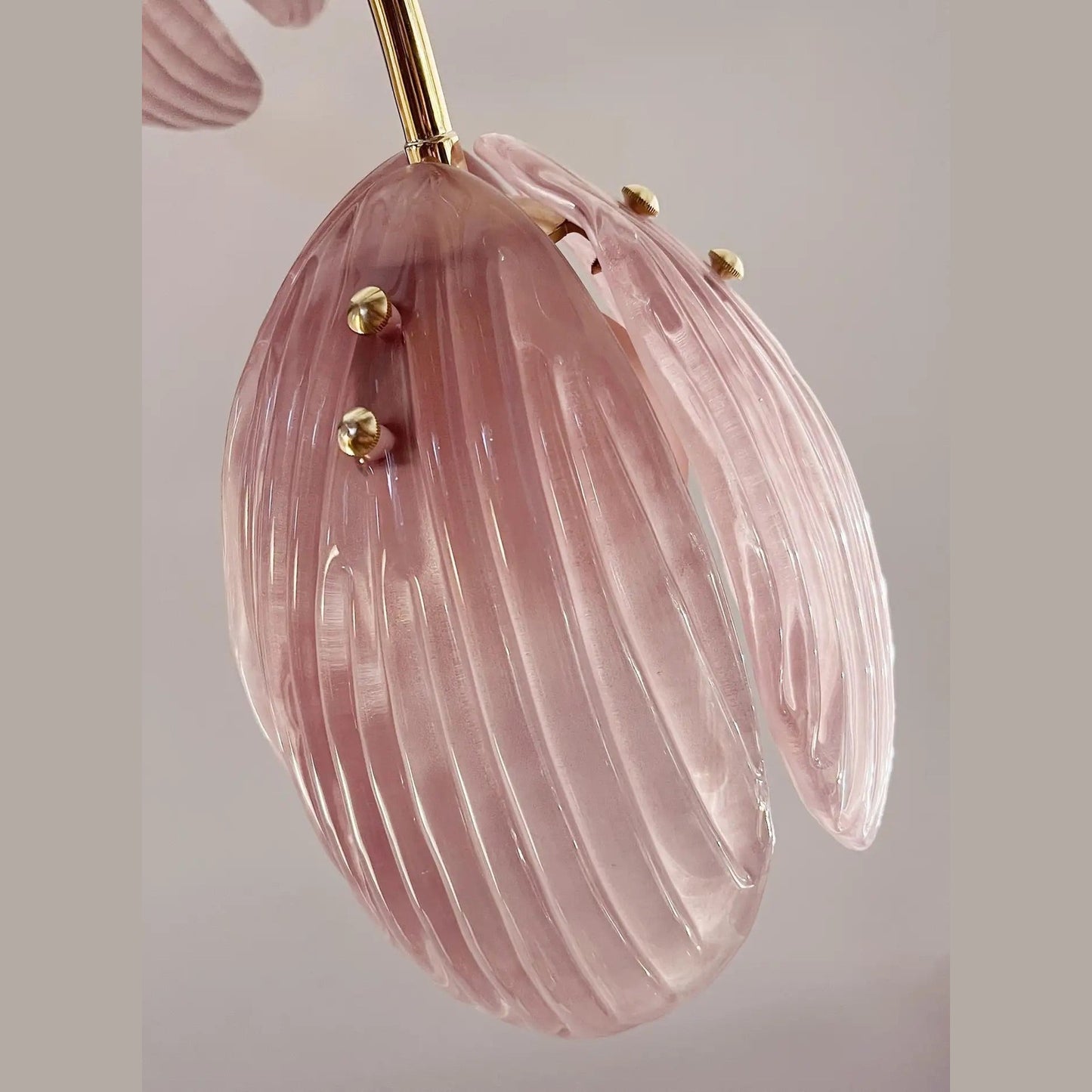 Modern Italian Pink Murano Glass Tulip Flower 8 Branch Airy Brass Chandelier