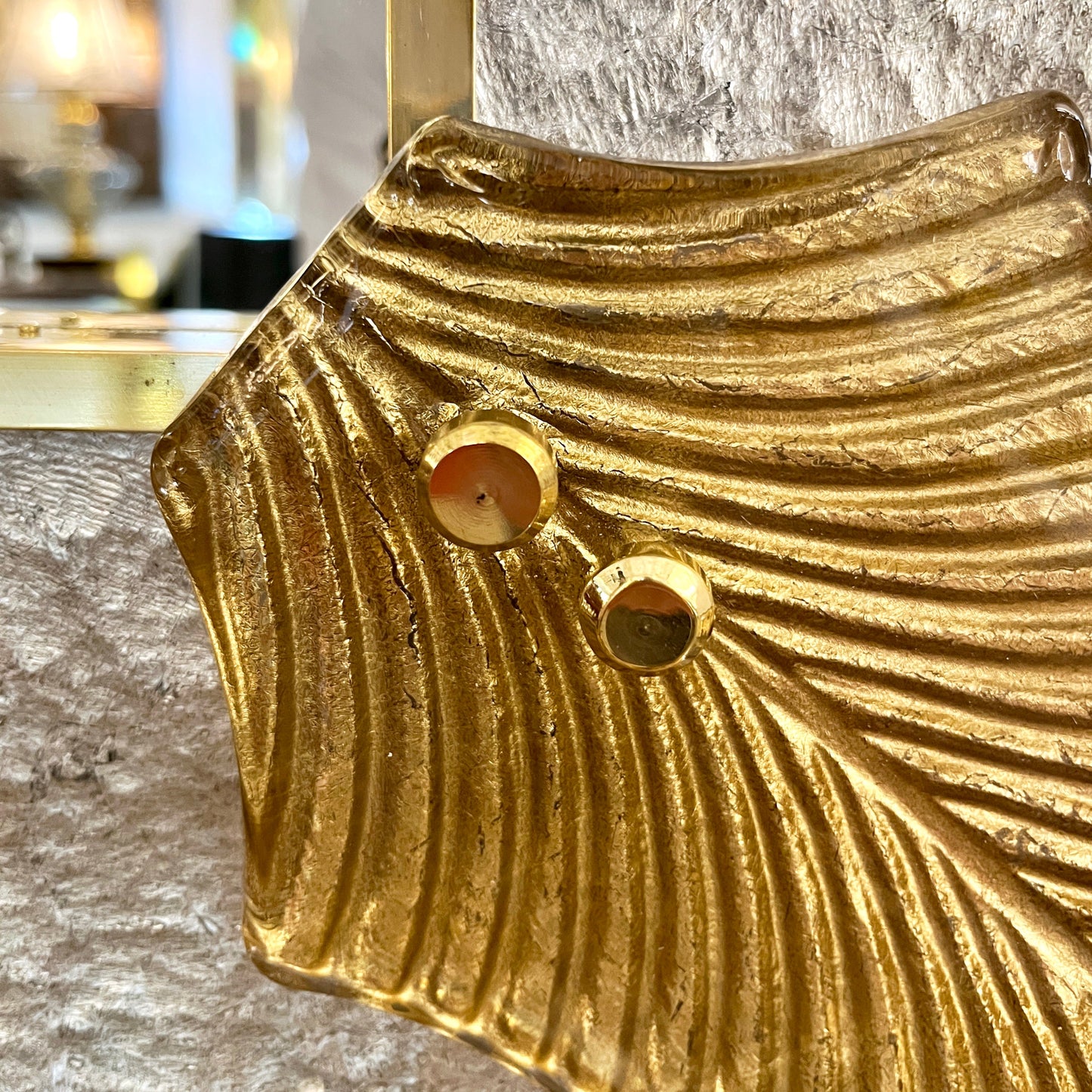 Bespoke Italian Pair of Art Deco Style Curved Leaf Murano Glass Brass Mirror