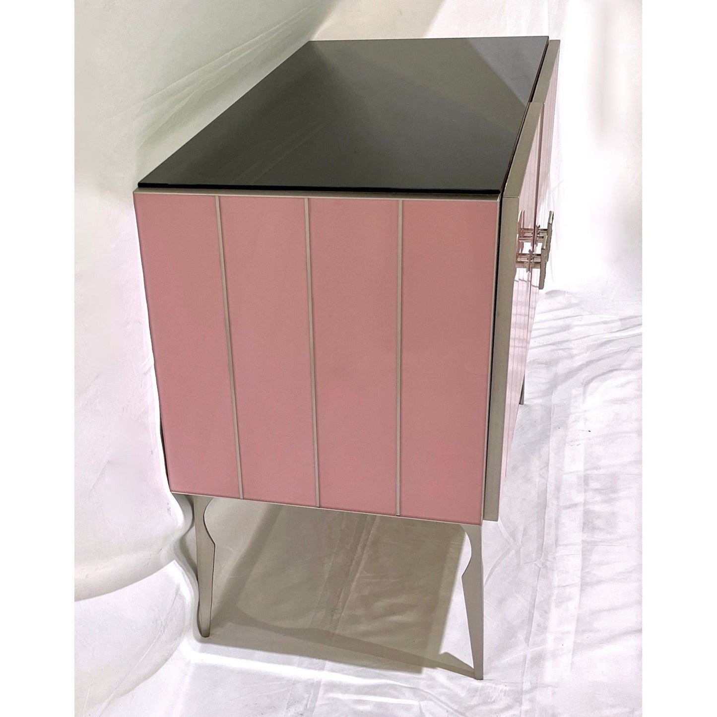 Modern Italian Custom Art Deco Style Pink Black Glass Satin Nickel Cabinet /Bar