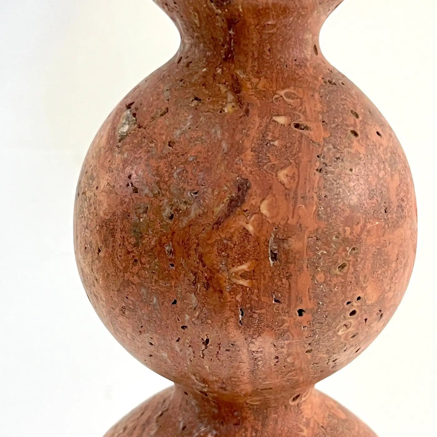 Italian Art Deco Style Pair of Red Travertine Sphere Table Lamps Peacock Shades