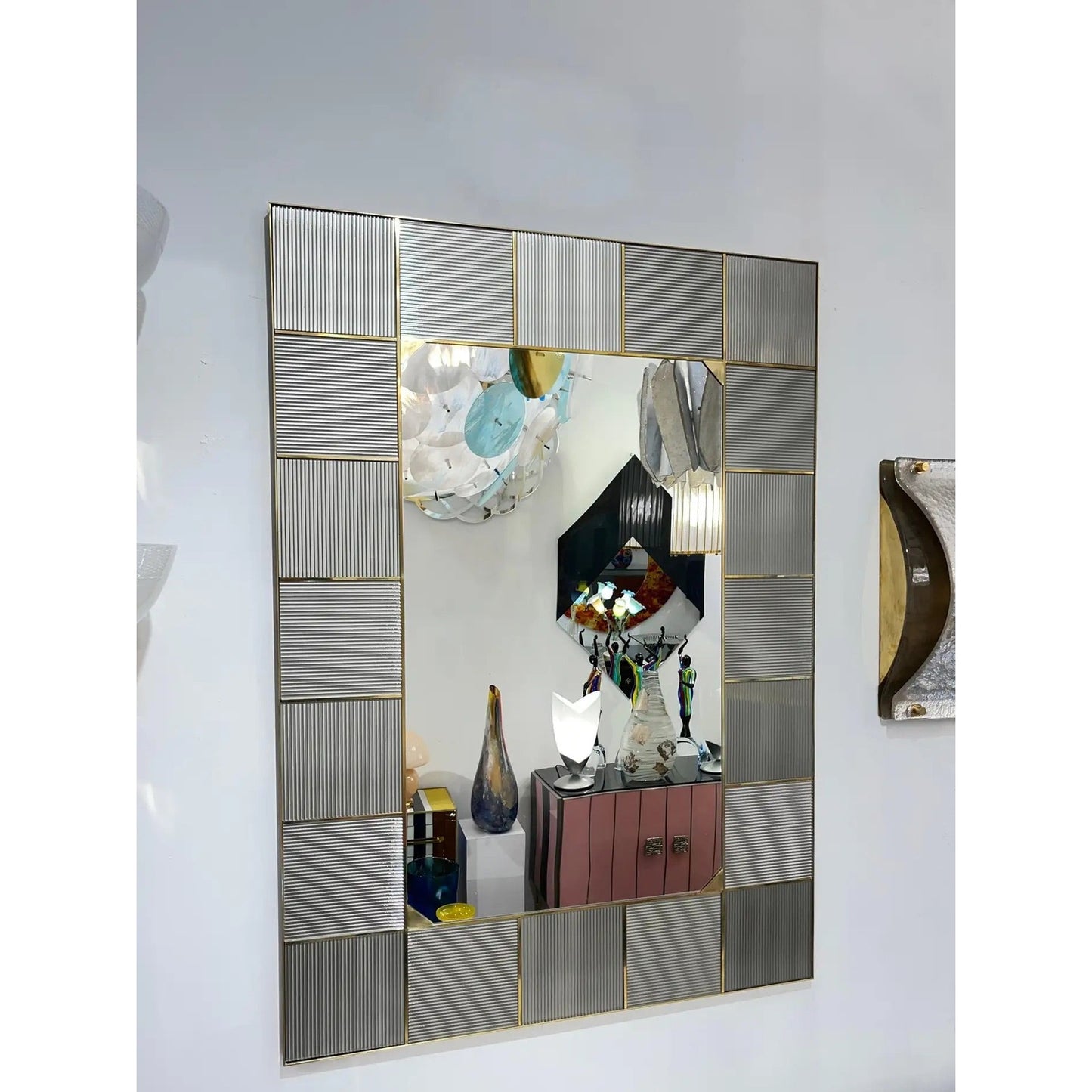 Modern Italian Art Deco Silver Gray Murano Art Glass Geometric Tile Brass Mirror